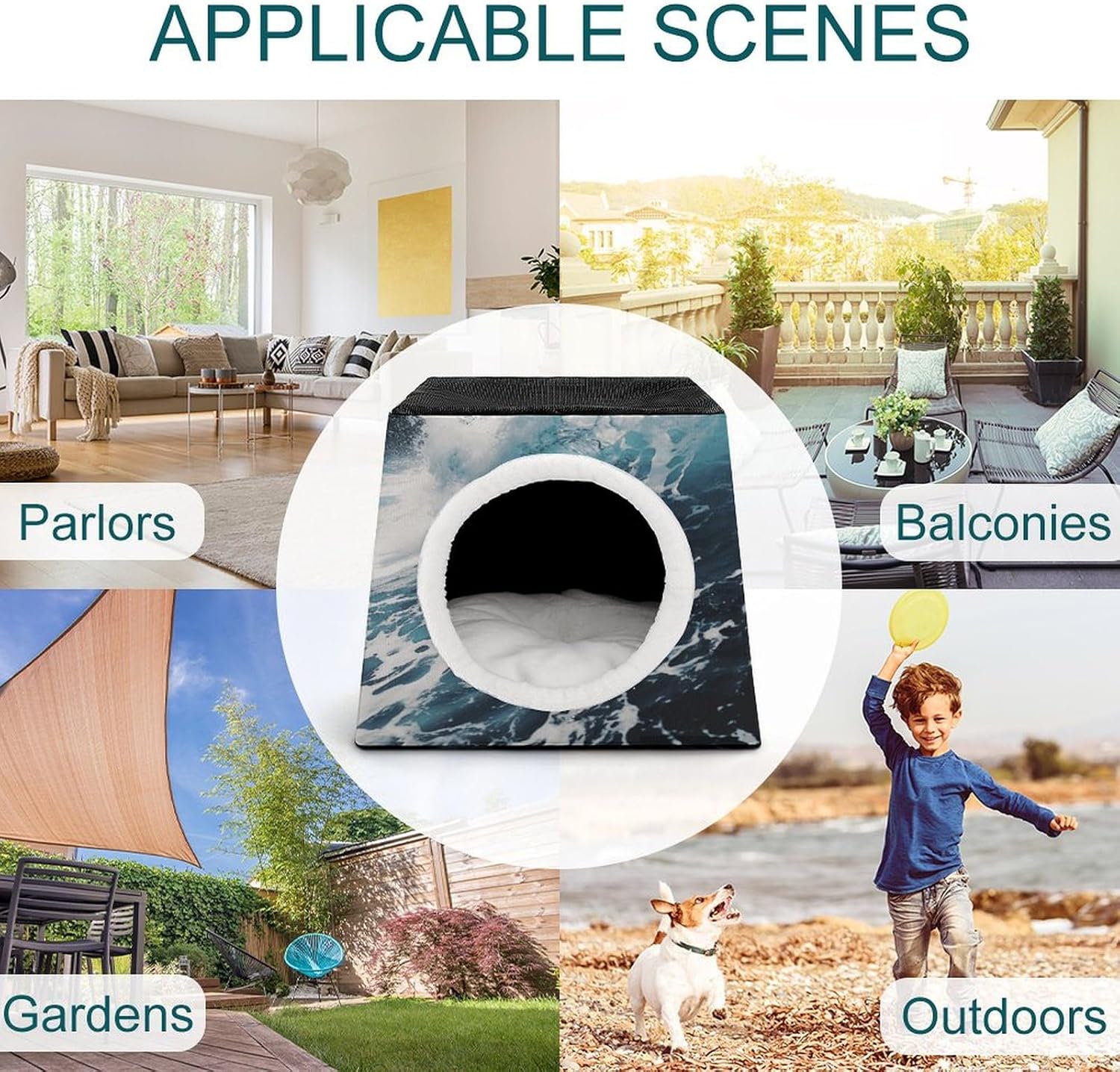 Pet Sleeping Nest Bed, Beach Foam Wave Printed Dog House Cat Nest, Winter Pet House are Suitable for Most Cats, Dogs, and Other Small Pets