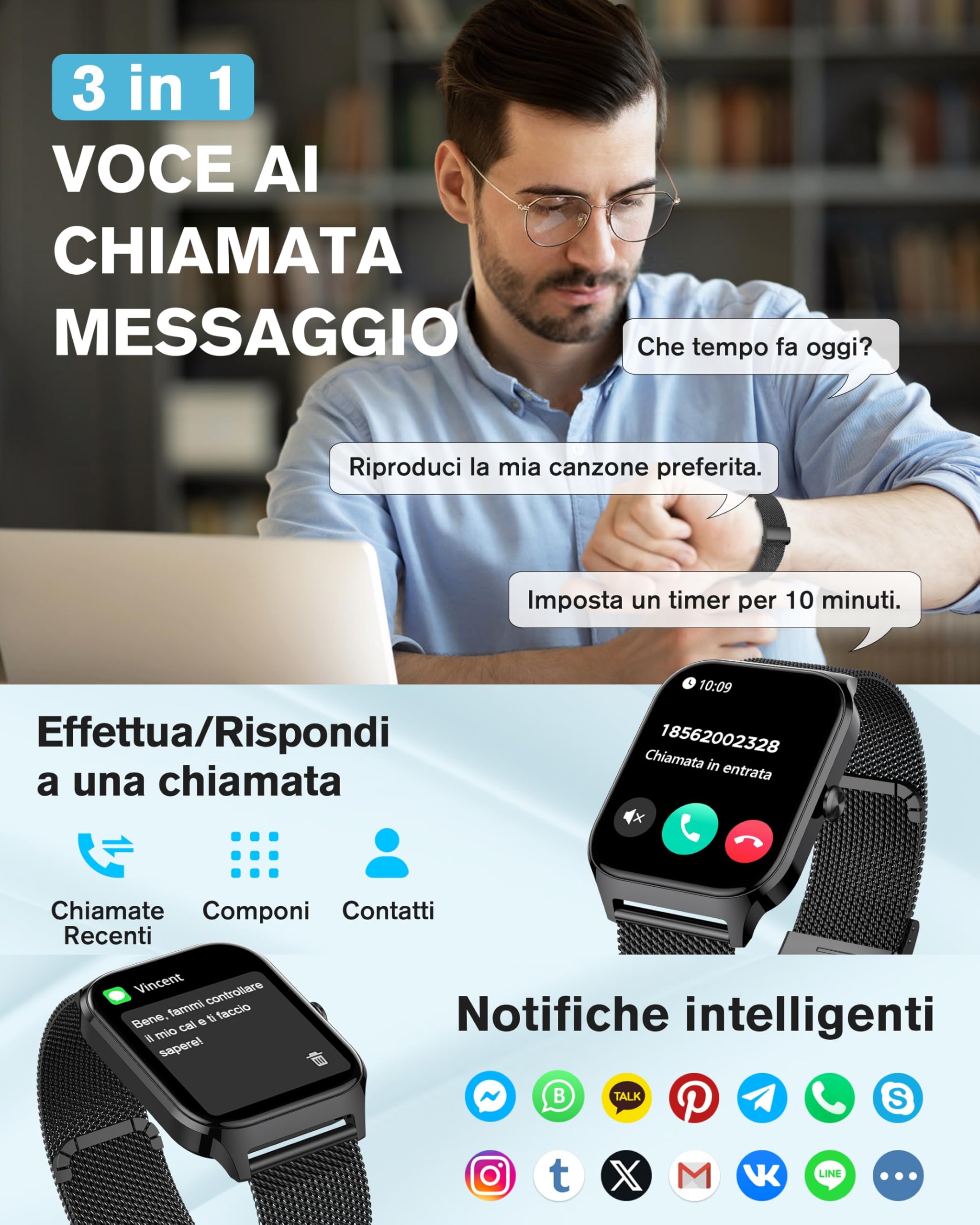 KALINCO Smartwatch Uomo Donna, 1.85” IA Orologio Pressione Sanguigna, Chiamata Bluetooth, SpO2, Frequenza cardiaca, Stress, Sonno, Orologio mondiale, 100+ Sports Watch, Regalo Android iOS