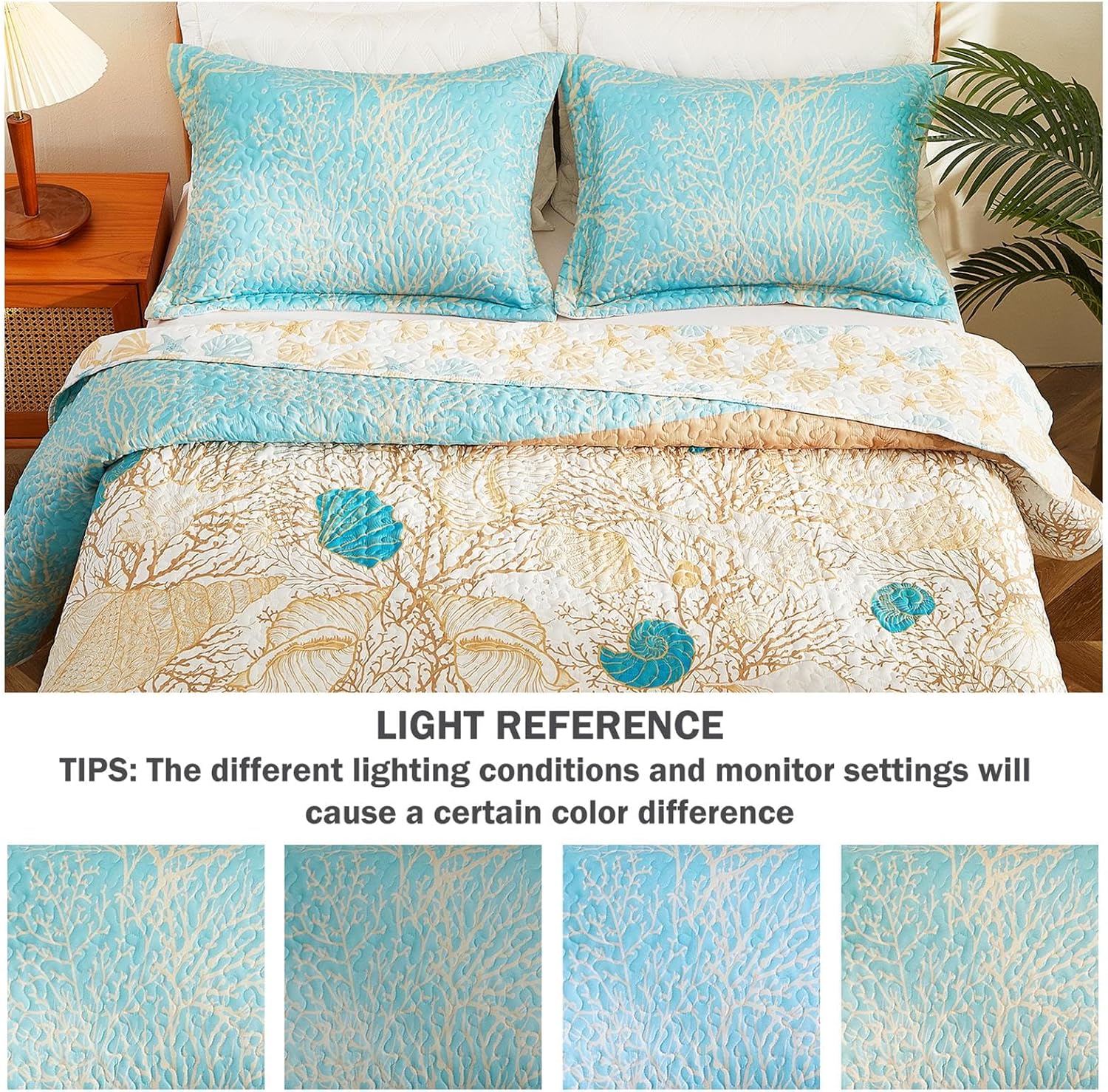Cmfshape King Coastal Quilt Set 3 Pieces,Reversible Shell Bedspread,Ocean Coral Starfish Printed Bedding for All Season,Summer Quilt Bed Set with 2 Shams(106"x96",Blue)