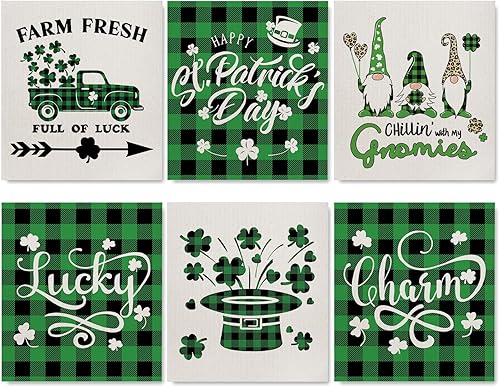 AnyDesign Paño de cocina sueco para el día de San Patricio, a cuadros, color verde, negro, gnomo, camión, trébol, toalla de cocina de algodón