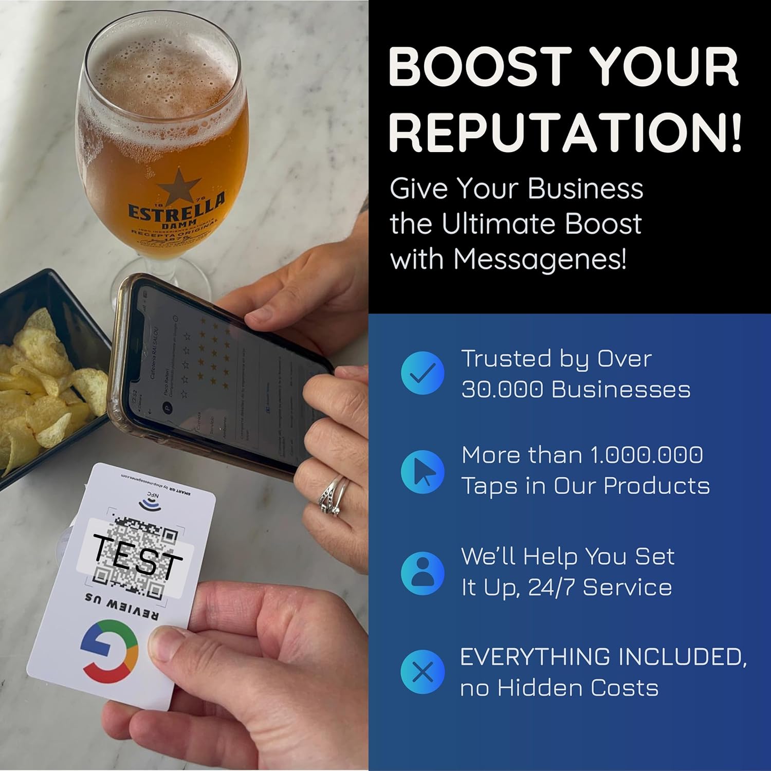 Reusable Tap Sticker for Google Reviews - 2-Sticker Pack QR & NFC - Review Us on Google - iPhone & Android | by MESSAGENES