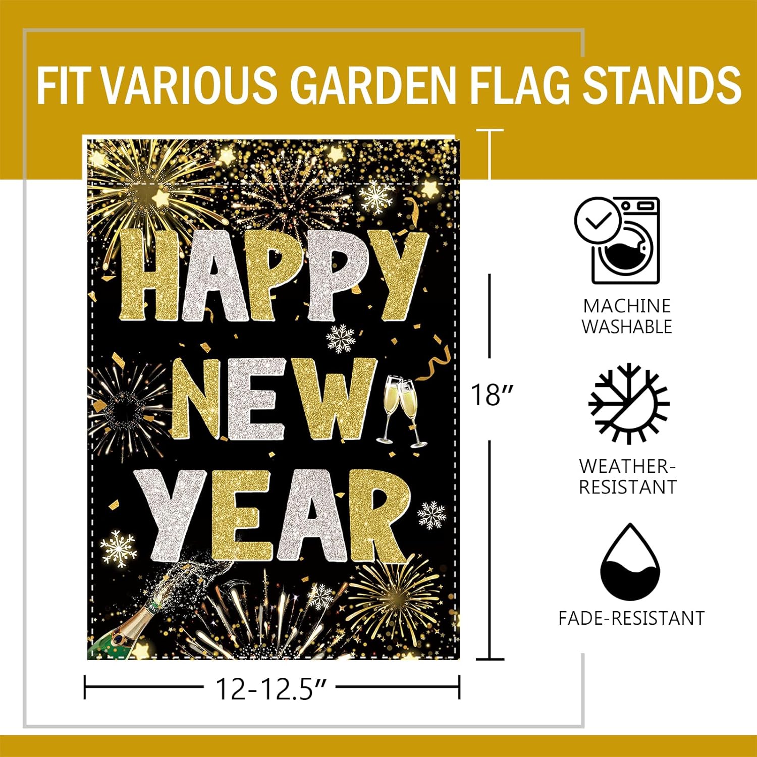 Happy New Year 2026 Decorative Garden Flag, Black Gold Glitter Fireworks Champagne Small Yard Outside Decorations, Christmas Winter Snowflake Burlap Outdoor Home Decor Double Sided 12 x 18 - Image 2