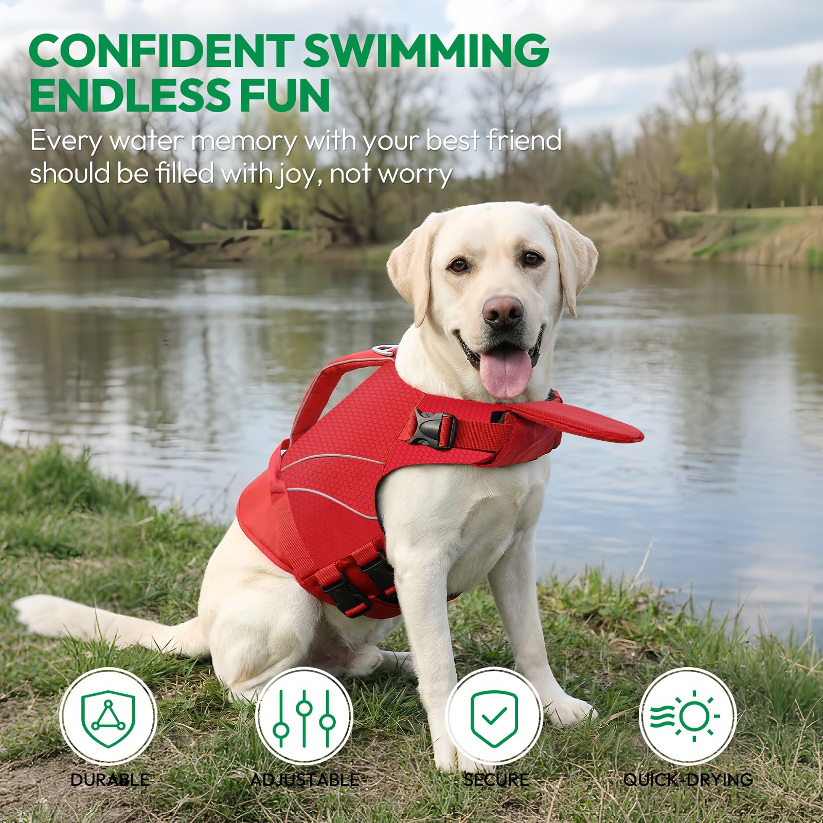 Chaleco Salvavidas para Perros - Chaleco de Seguridad con Tiras Reflectantes y Asa, Talla XS a XL, para Piscina, Playa, Natación, Bote | KONVINIT