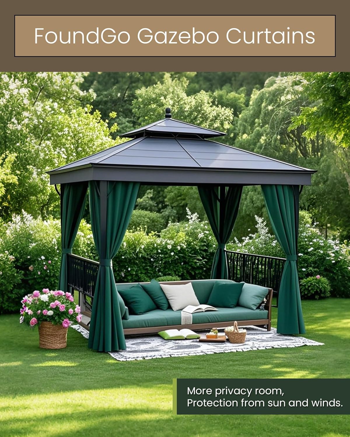 FoundGo Gazebo Universal Replacement Privacy Curtain fit for 10'Wx12'Lx6.7'H Water Resistant Gazebo Side Wall Privacy Panel Shade Screen Panels with Zipper for Outdoor Pergola Patio (Green) 4pc