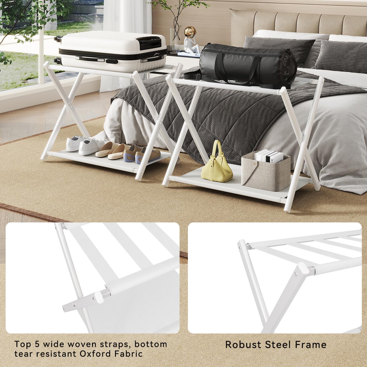 IBUYKE Luggage Rack for All Suitcase Sizes,Foldable Suitcase Stand with Fabric Storage Shelf,Easy to Assemble for Bedroom Living Room Hotel,White TLR002W-2