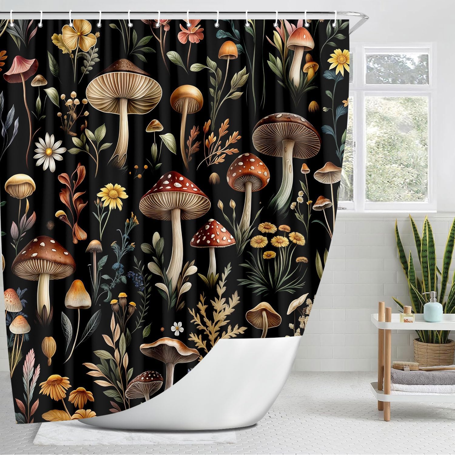 Vintage Mushroom Shower Curtain, Witchy Aesthetic Black Boho Floral Retro Botanical Shower Curtain Set, Fairy Dark Wildflower Plant Decorative Farmhouse Bathroom Accessories Curtain with Hook 70X70IN image 4