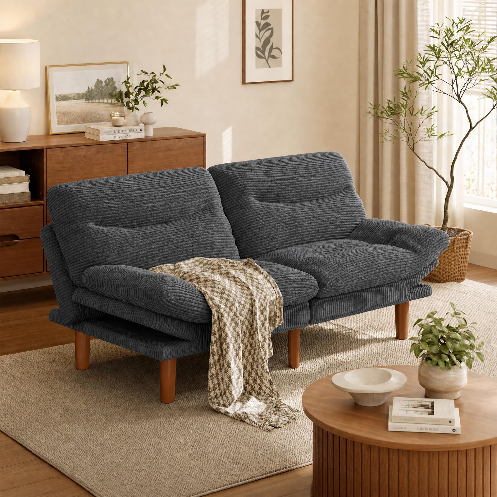 Amada 66" Convertible Futon Sofa Bed, Corduroy Folding Futon Set with Adjustable Backrest &Armrests, Recliner Lounge for Living Room, Apartment or Office, Wood Frame, Loveseat Sofa - Grey