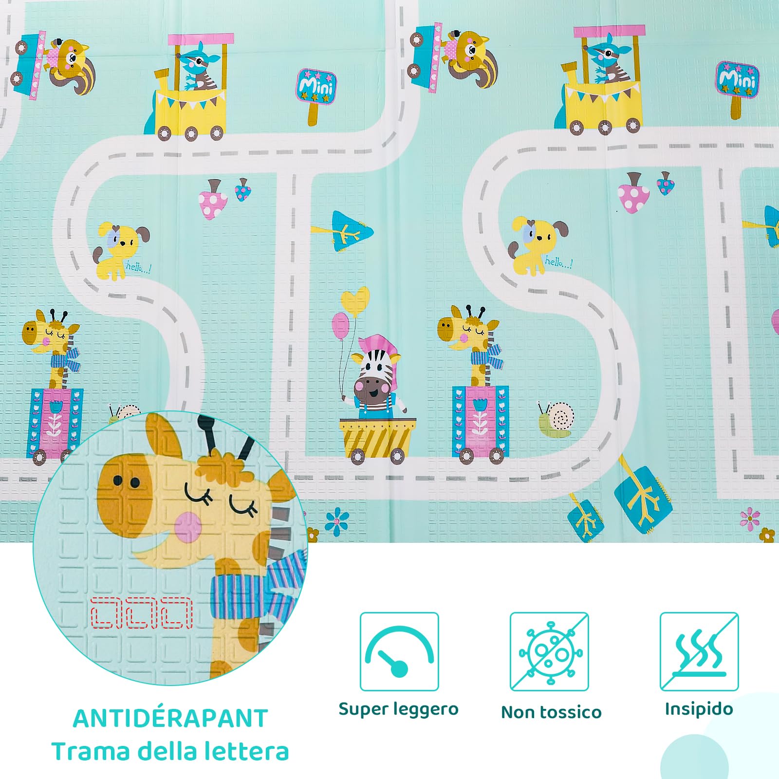 Tappetino da Gioco per Bambini, 200 x 180 cm x 1 cm, Tappeto Gioco Neonato, Tappeto Bambini Reversibile, Non Tossico, Fondo in Schiuma XPE, Pieghevole, Impermeabile, per Sviluppo Sensoriale, Giraffa