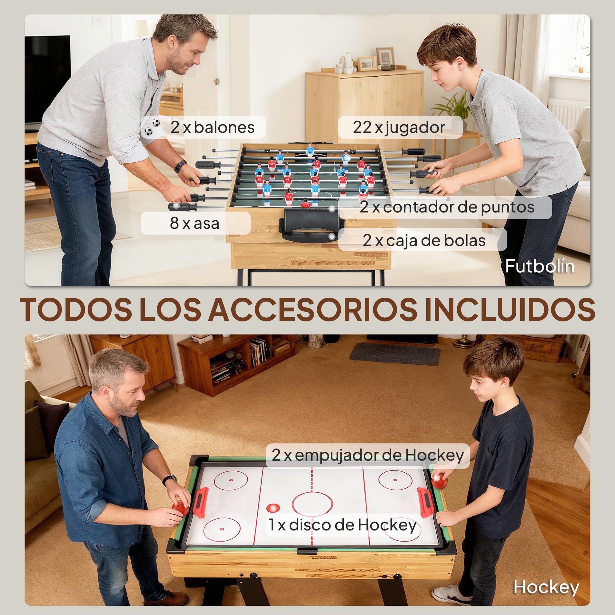 SPORTNOW Mesa Multijuegos Plegable 13 en 1, Mesa de Juego con Futbolines para Niños, Billar, Ping-pong, Hockey, Ajedrez, Damas, Backgammon y Accesorios, Diversión Familiar para Adultos y Niños Natural