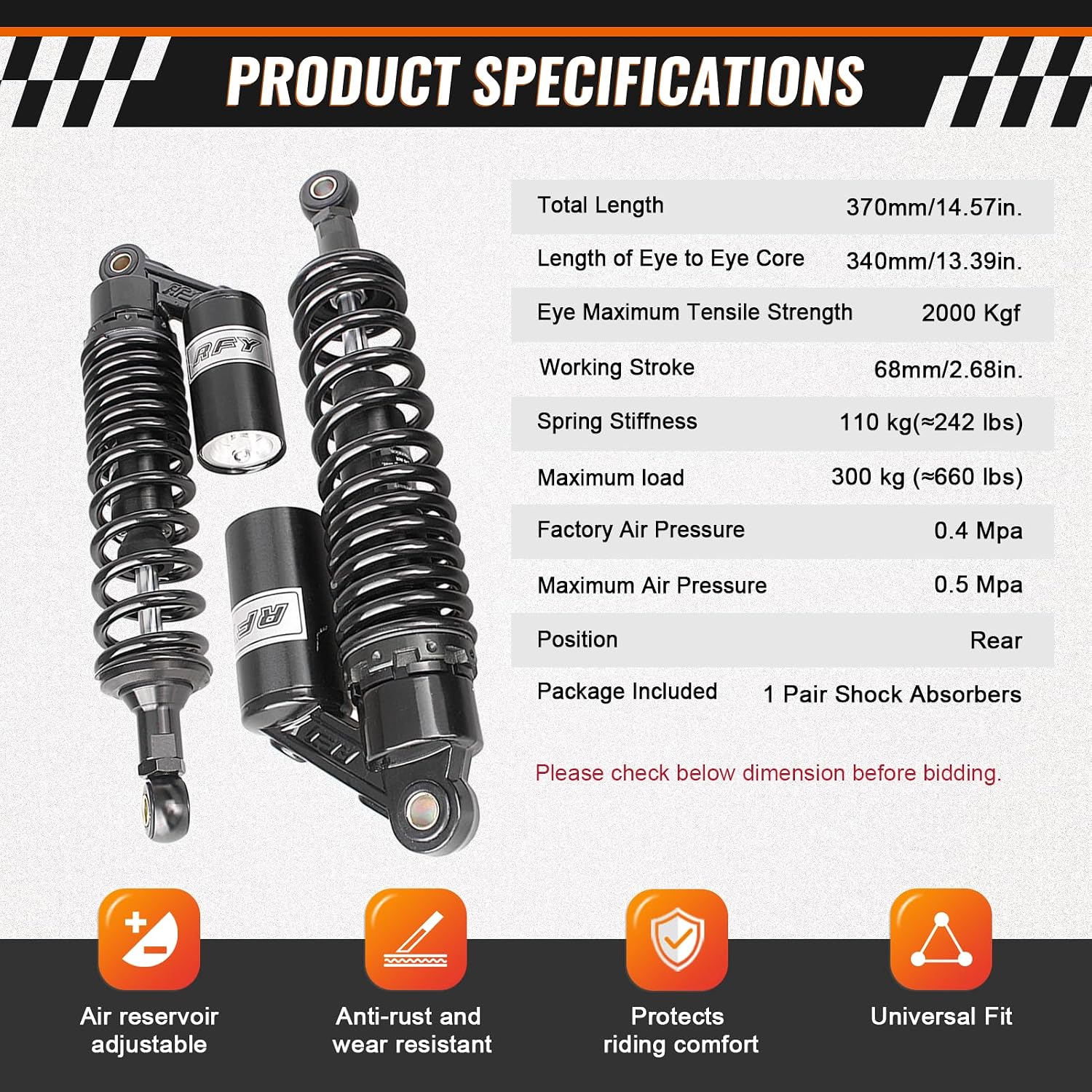 13.4" 340mm Pair Universal Motorcycle Air Rear Shock Absorbers for HONDA for Suzuki for Yamaha for Kawasaki ATV Go Kart Quad Dirt Sport Bike,Black