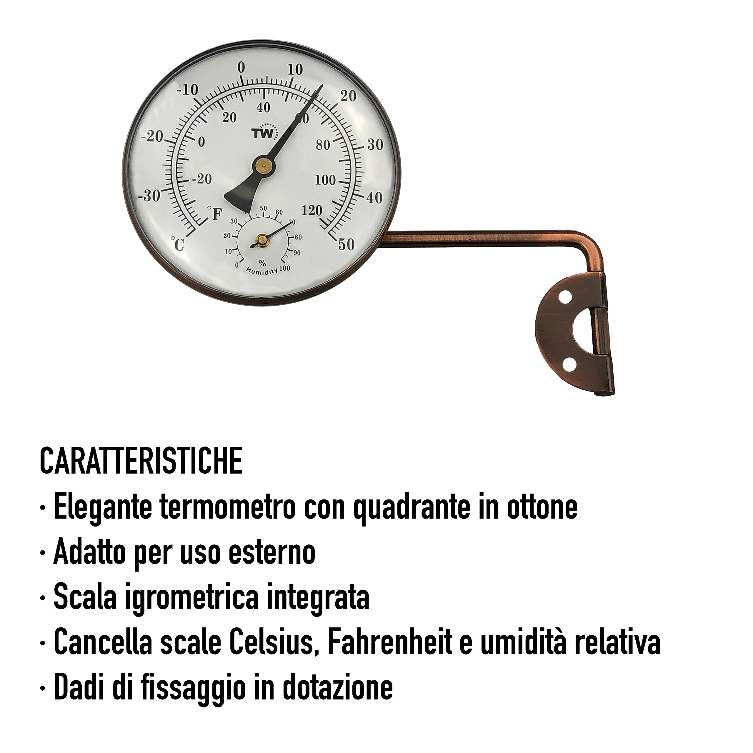 Termometro igrometro da esterno in ottone con elegante design del quadrante, termometro da giardino adatto per misurare temperatura esterna e umidità, per parete, serra, garage, braccio oscillante per