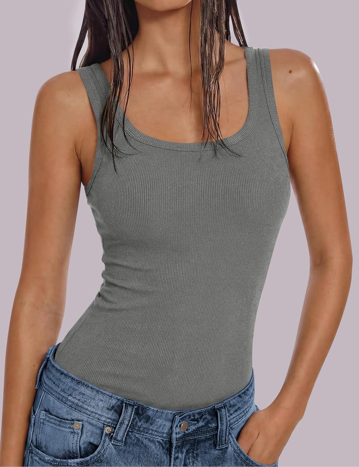 OwnTime Womens Tank Tops with Built in Bras Summer Square Neck Sleeveless Shirts Ribbed Fitted Basic Casual Tops - Image 2