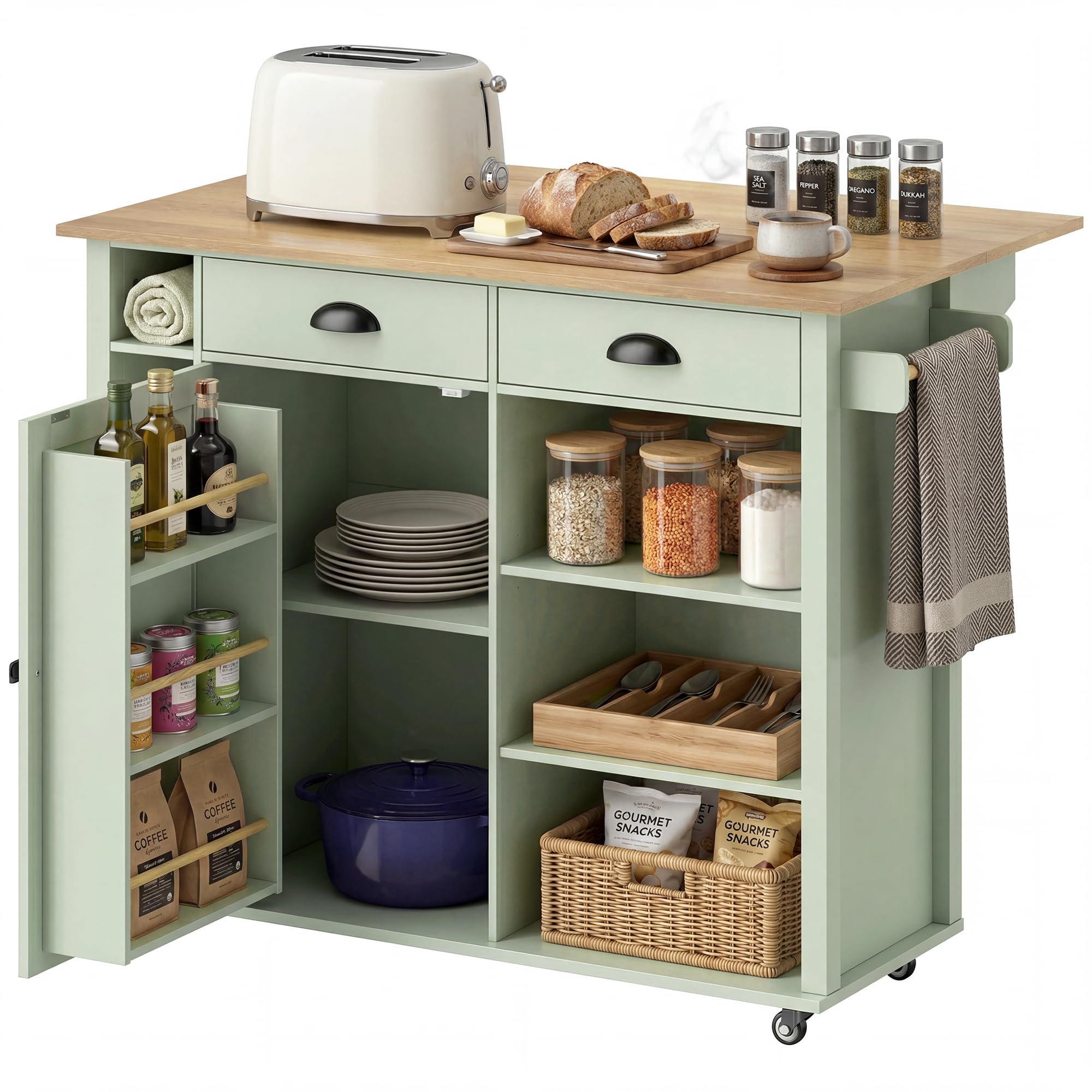 HOMCOM Îlot Central Cuisine avec Plateau Pliant, Desserte de Cuisine sur roulettes avec Placard, 2 Tiroirs, Porte-Serviettes, Étagère Réglable, Compartimentss Ouverts, 117,5 x 70 x 91 cm, Vert Clair