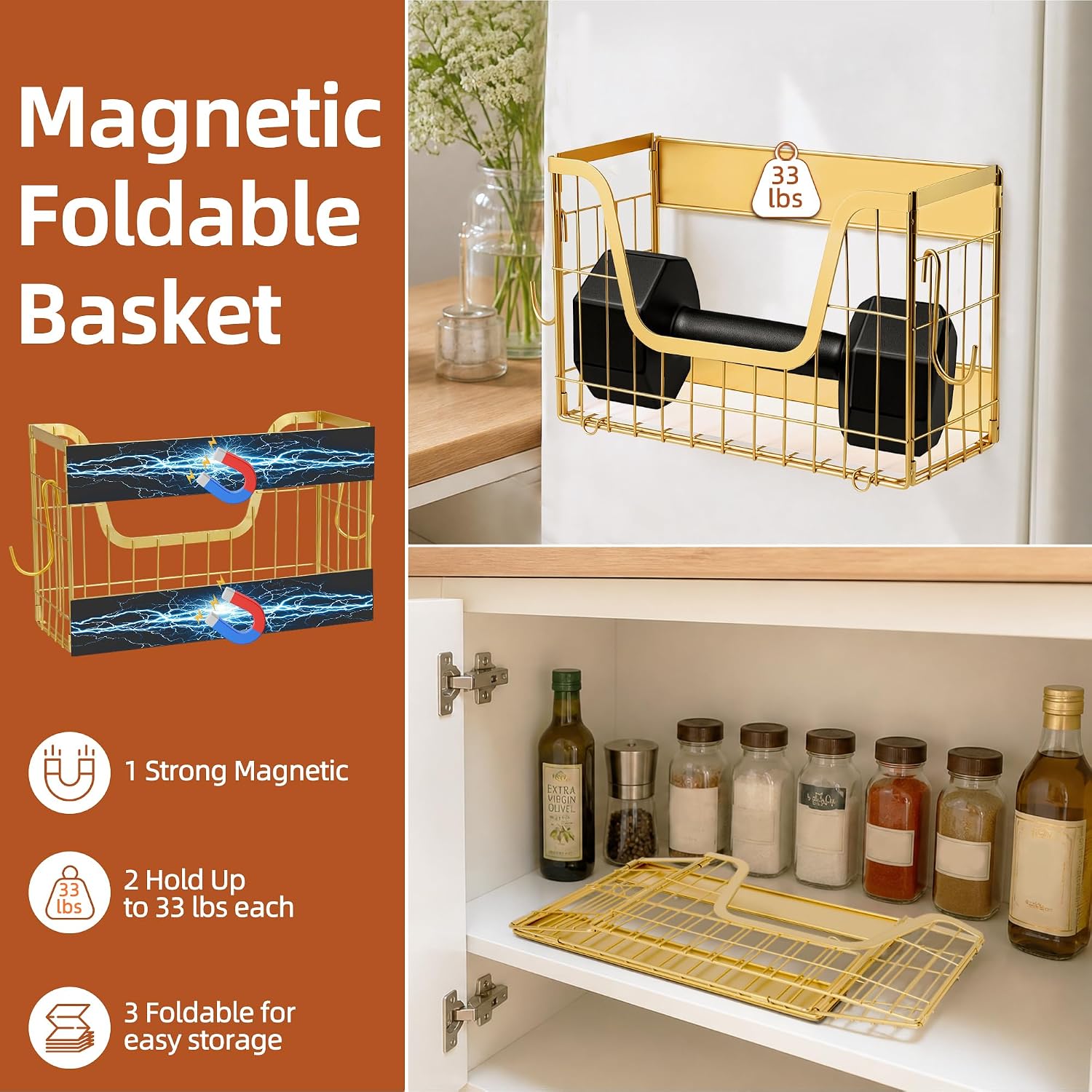 2 Pack Gold Magnetic Shelf for Fridge with Hooks, Strong Magnetic Spice Rack Storage Organizer for Refrigerator, Heavy Duty Carbon Steel Fruit Basket, Potato Onion Bin for Kitchen Counter,Pantry