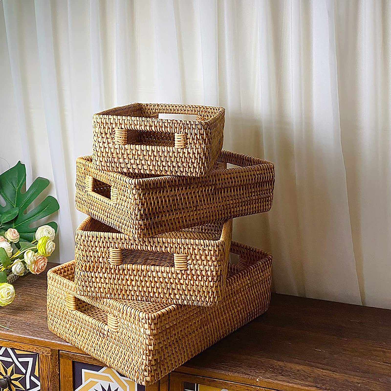 Canastas de almacenamiento de ratán, cesta de mimbre apilable con asas, contenedor organizador de estantes, para sala de estar, baño, cocina, estantes (33 x 23 x 11 cm)