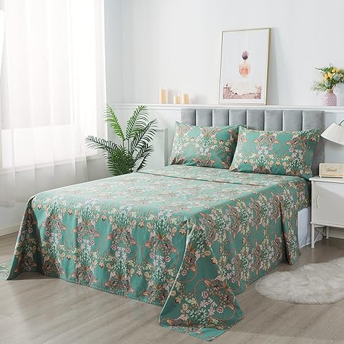 Miniatura 8 de FADFAY - Juego de sábanas de algodón percal de 4 piezas, sábana bajera con esquinas profundas, suaves, frescas, Matrimonial, estampado floral verde