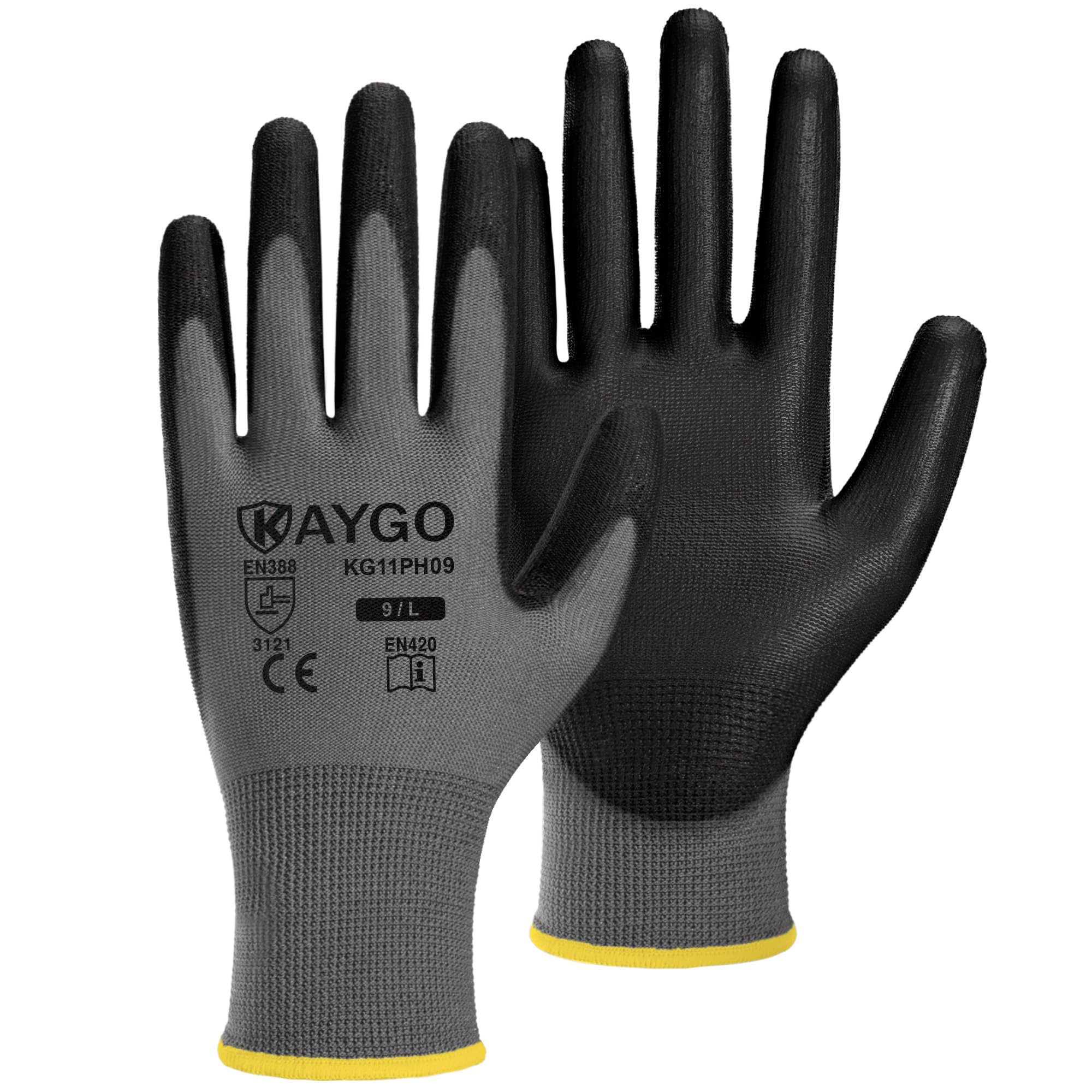 KAYGO Safety Work Gloves PU Coated - 60 Pairs, KG11PB, Seamless Knit Glove with Polyurethane Coated Smooth Grip on Palm and Fingers, for Men and Women (Large) (Pack of 60 — image 1