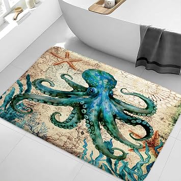 Boziqr Vintage Nautical Octopus Bathroom Rugs Retro Ocean Beach Bath Mat Water Absorbent Non Slip Shower Mat Memory Foam Bath Rugs for Bathroom Decor 3119 Inch