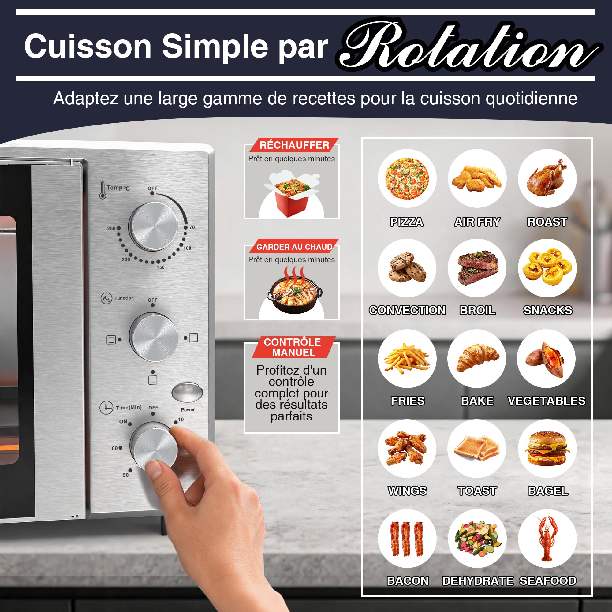 Mini Four Électrique 38L, Four Posable Double Porte 1600W | 3 Modes de Chauffage, Thermostat Réglable 250°C, Minuteur 60 min, Four à Pizza pour Pâtisserie, Poulet Rôti, Repas Familiaux