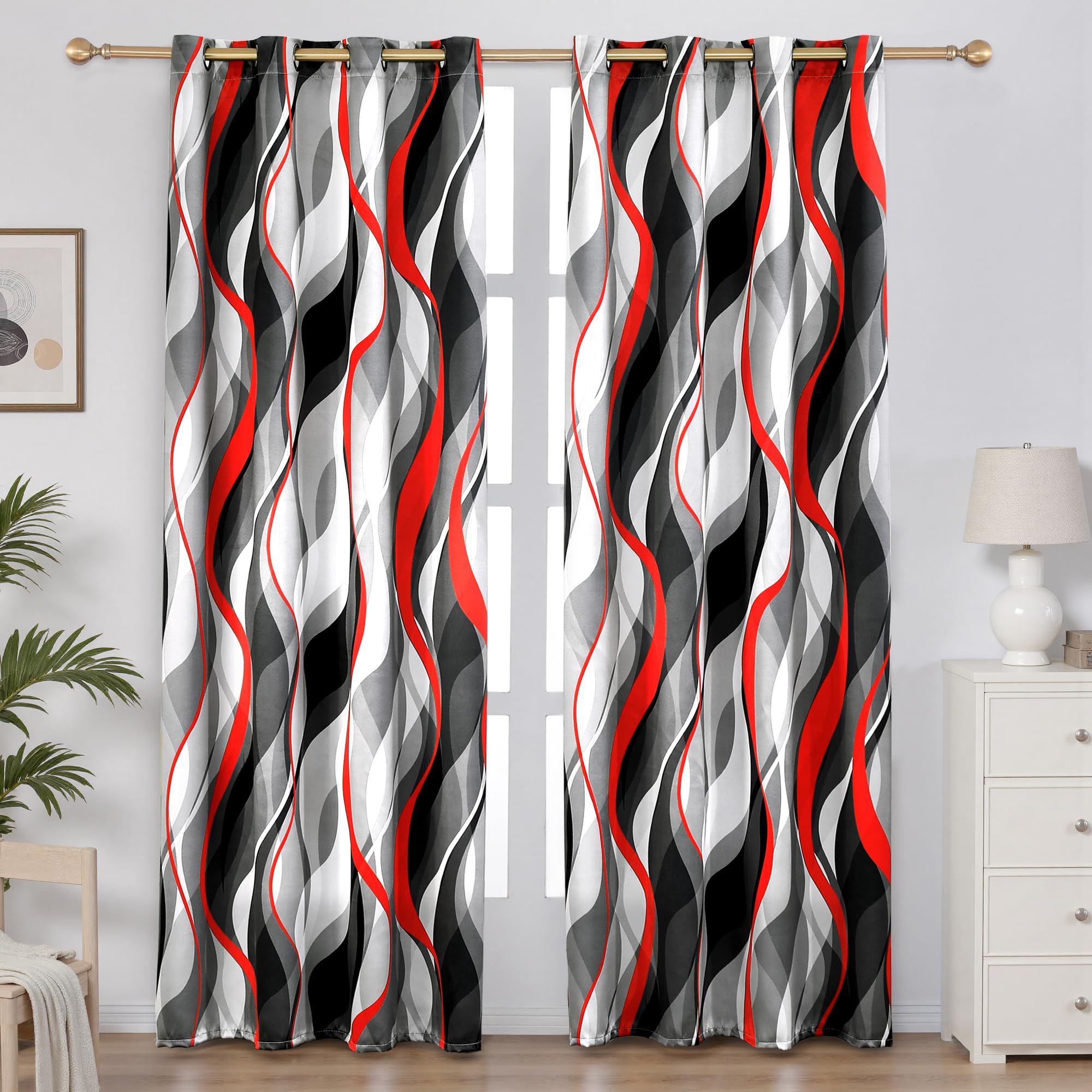 weesire Red and Grey Curtains Modern Striped Decorative 50% Light Blocking Darkening Grommet Red Curtain for Living Room Villa, Bedroom Gray and Red 2 Panels Set, 52x84 Inches — image 1