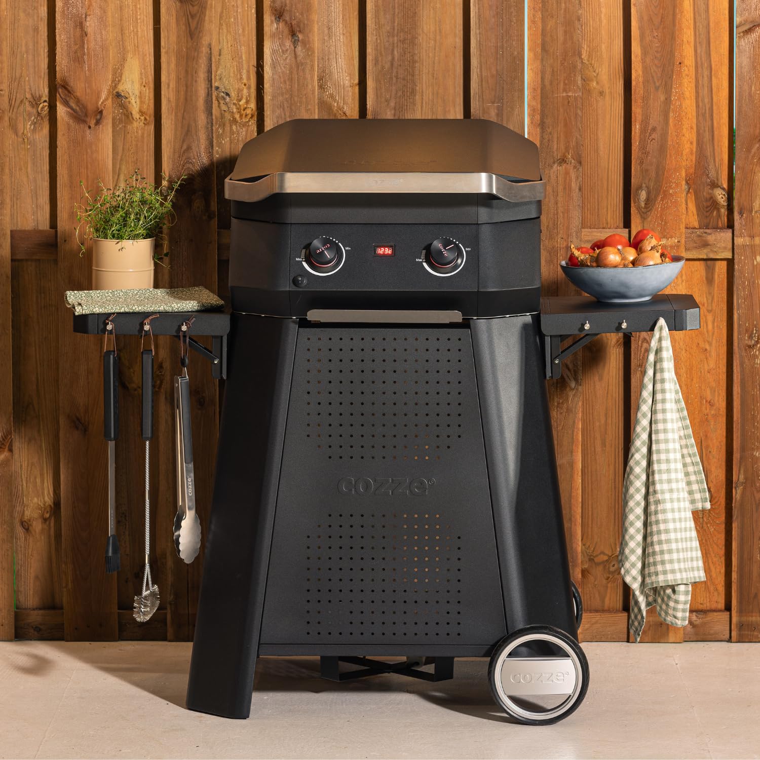 cozze® Carrello Premium per Serie 500 – Supporto per E-500/G-500/Plancha 500, tavolini laterali richiudibili, 6 ganci, carrello BBQ con ruote, nero