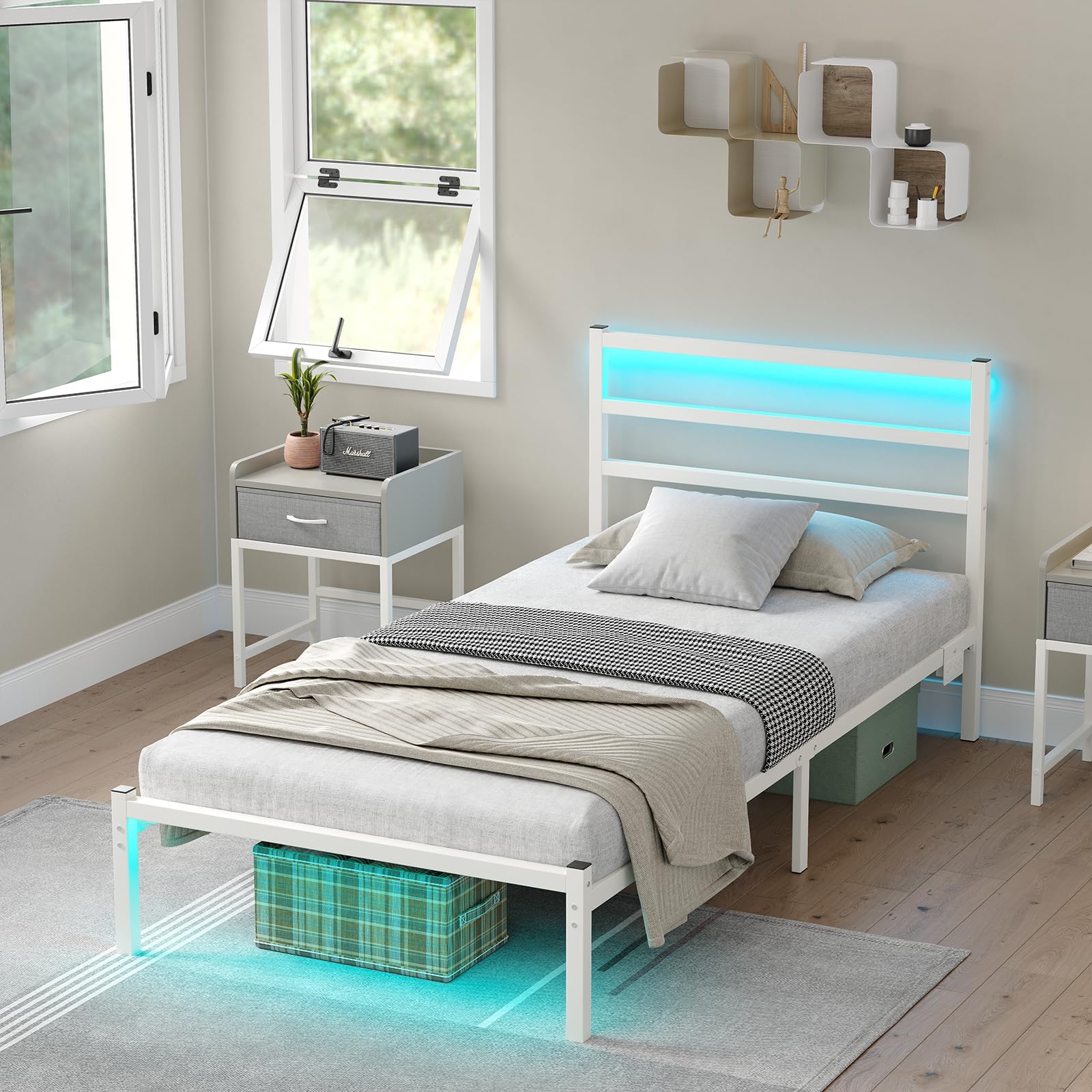 Twin Size Bed Frame with Headboard, Metal Platform Bed Frame with LED, Charging Station, No Box Spring Needed, Easy Assembly, Noise Free, White