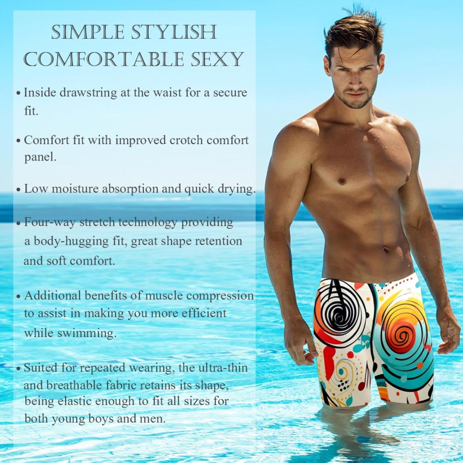Colorful Music Notes Jammer Swimsuit Mens Swim Jammers Endurance Long Racing Training Swimsuit