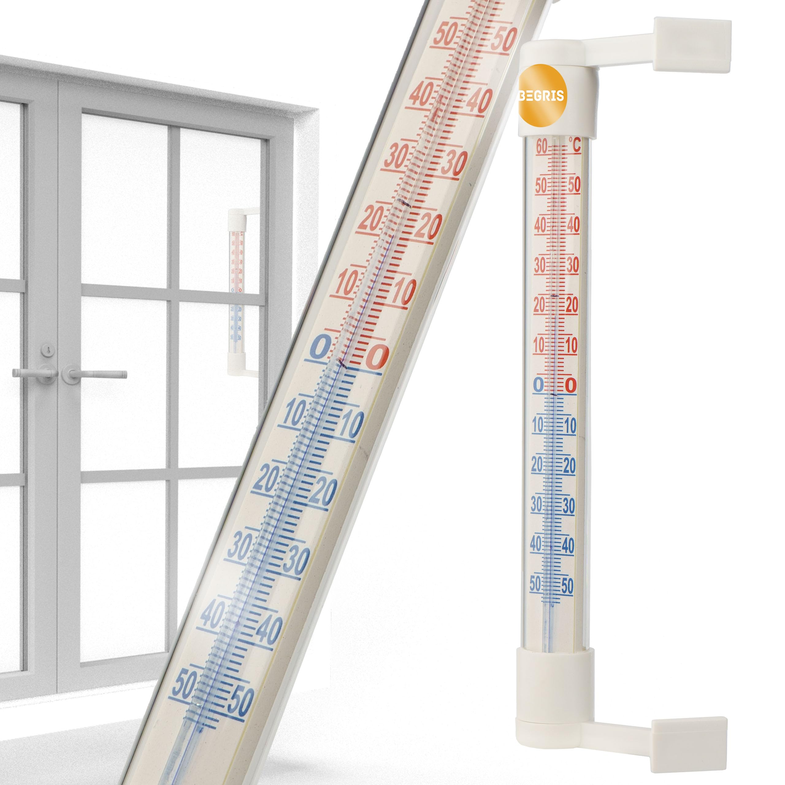 Termometr Zewnętrzny Wewnętrzny Termometr Zaokienny za Okno - 50 ... +50 °C, Balkonowy Ogrodowy Mały 18,5 cm Biały Tworzywo Sztuczne
