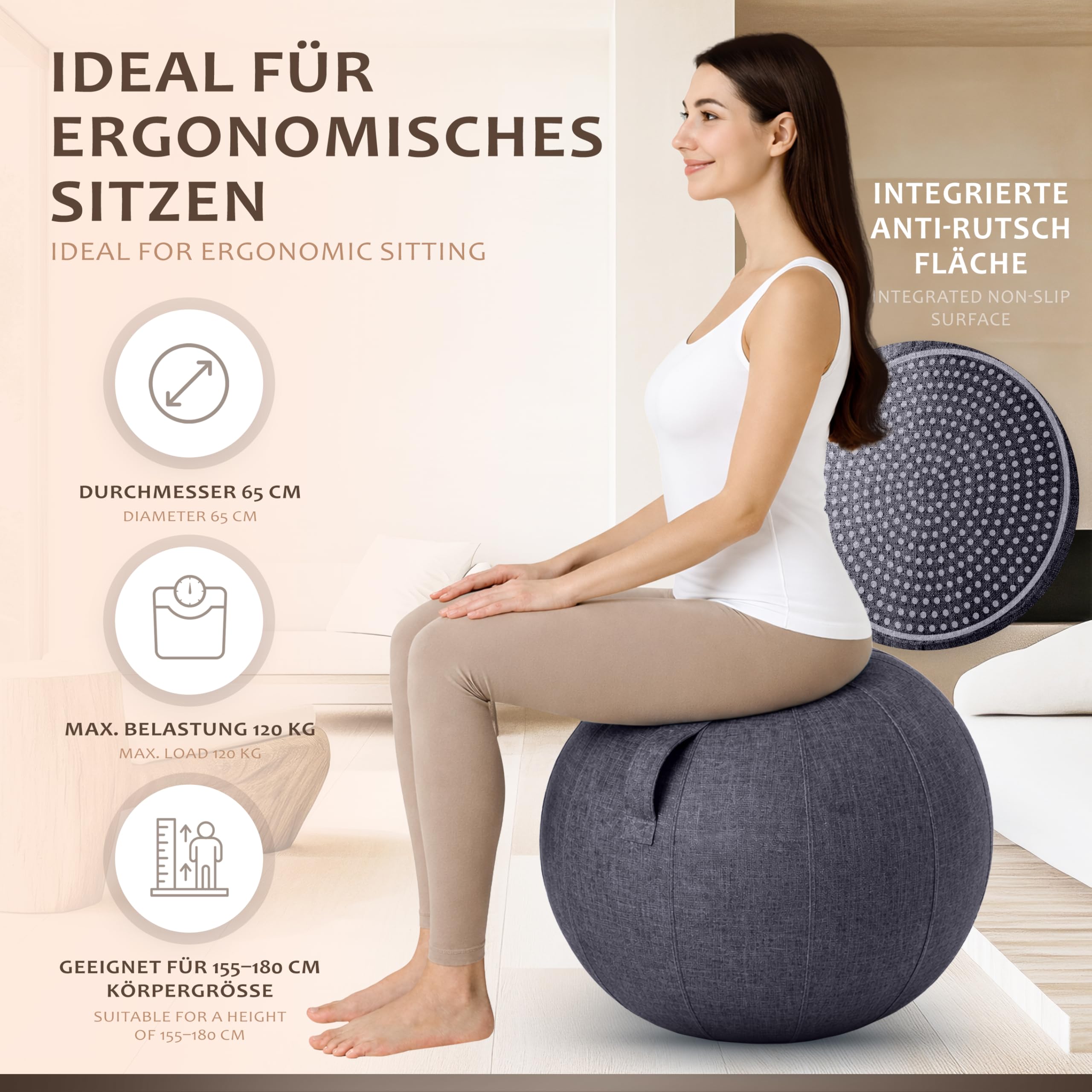 ONVAYA Pelota de gimnasia de 65 cm con funda – pelota de gimnasia con bomba – pelota de yoga antideslizante – pelota estable para sentarse ergonómicamente – Pelota de fitness de alta calidad y pelota