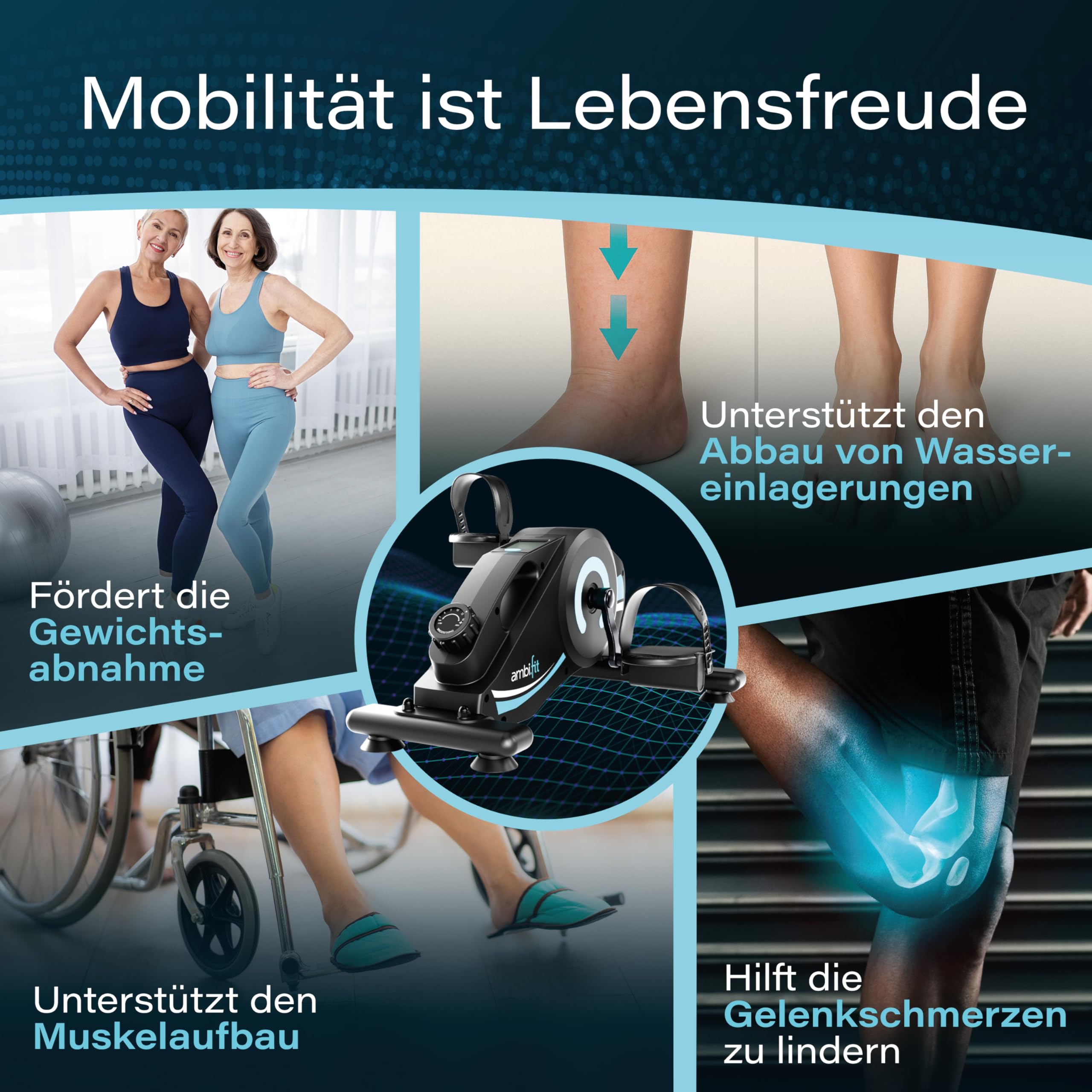 Pedaltrainer Ergometer Set [Magnetbremse & 16 Widerstandsstufen] Beintrainer & Armtrainer mit Trainingsmonitor | Heimtrainer Fahrrad Fitnessgeräte für Zuhause | Bewegungstrainer Senioren - AMBIFIT
