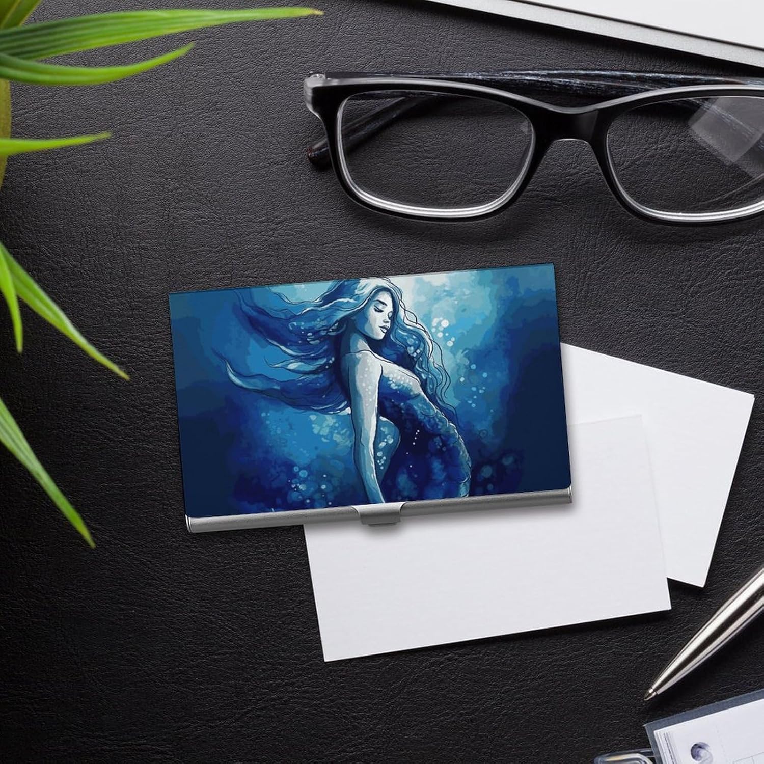 Blue Mermaid Business Card Case for Women Or Men Snaps Closed Portable Name Holder Credit Card Holder for Business Meeting Use