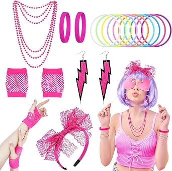 80s Fancy Dress Costumes Accessories, 1980s Fancy Style Dresses Party Sets & Kits for Women, Neon Accessories Necklaces Bracelet Fishnet Gloves Lace Bow Headband Earrings