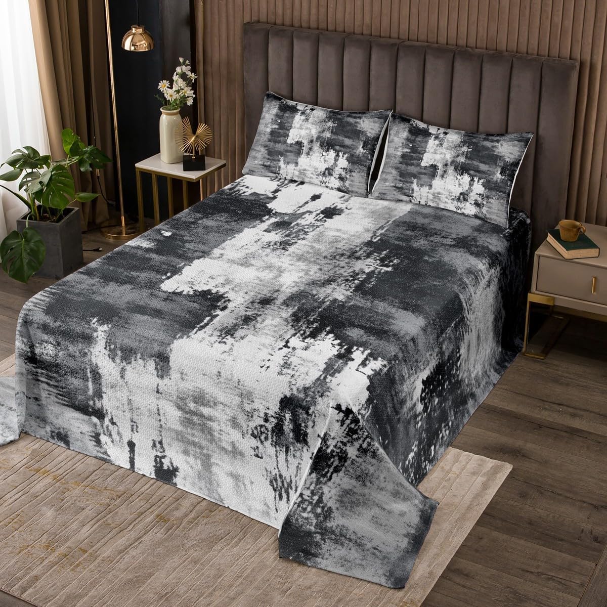Erosebridal Modern Abstract Bedspread Set Vintage Ombre Art Quilt Set Queen,Minimalism Black Grey Coverlet Set Grunge Oil Painting Quilted,Watercolor Artwork Rustic Graffiti Decor