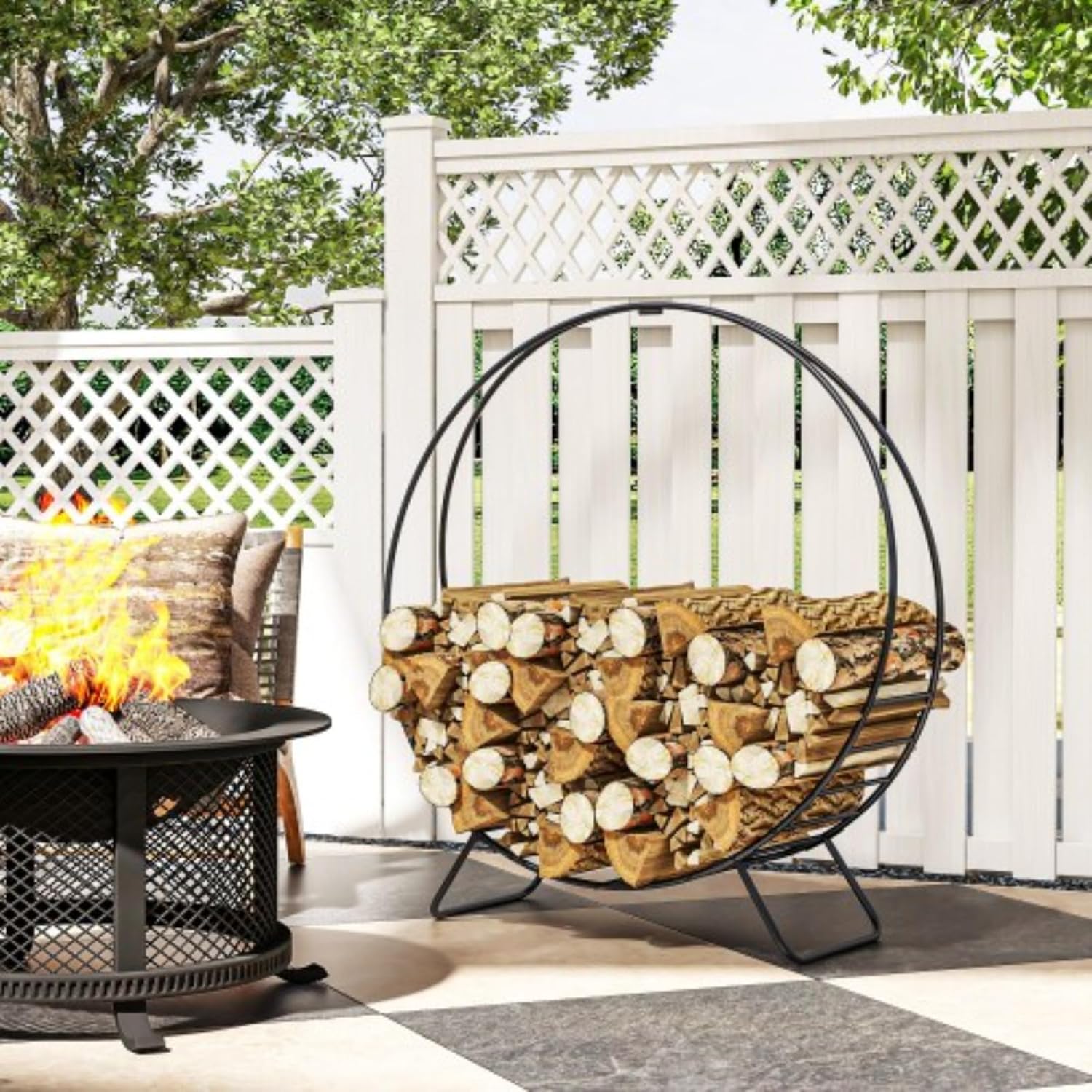 40" Metal Firewood Rack with Zipper Cover, Heavy Duty Wood Storage Rings, Firewood Storage Rack, Wood Stacking Rack, Indoor and Outdoor Log Stacking Rack, Suitable for Fireplaces, Fire Pit, Black