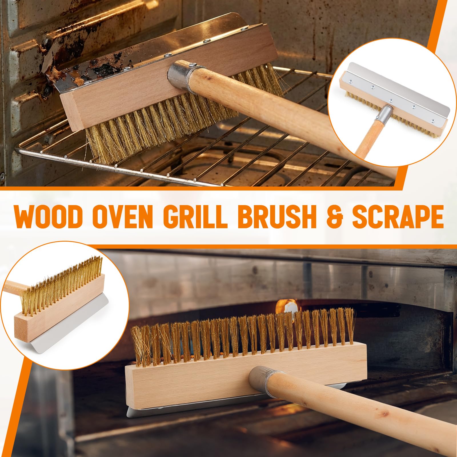 Reallnaive 1 cepillo para horno de pizza con mango de madera de 37 pulgadas con raspador, herramienta de cepillo de limpieza para horno de pizza al aire libre, punta roscada de aluminio, cerdas de