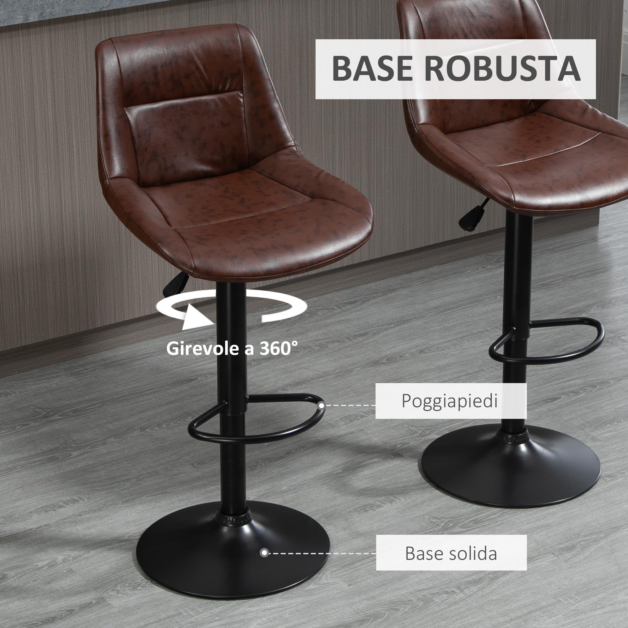 HOMCOM Sgabelli Bar con Altezza Regolabile con Poggiapiedi Set 2 Marrone