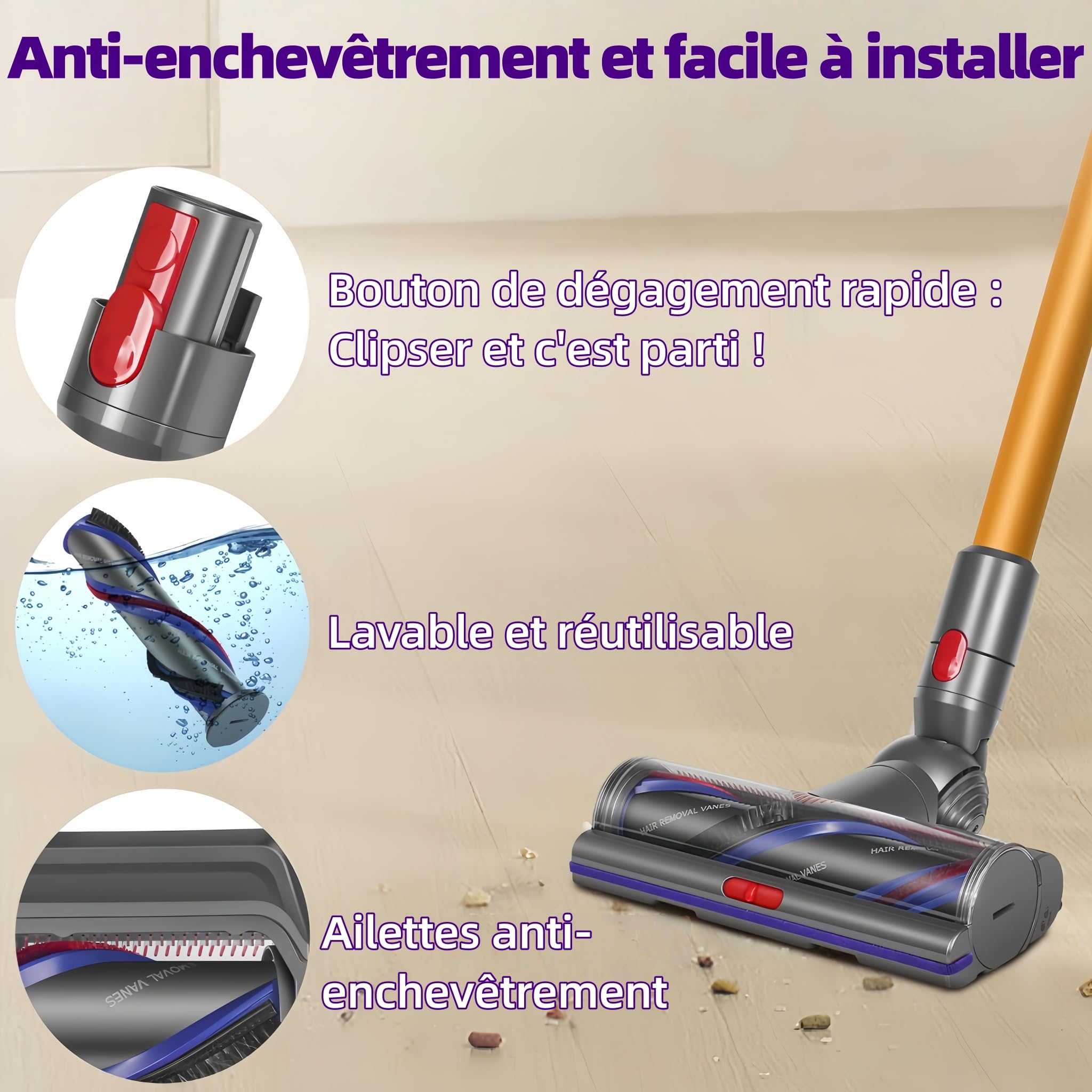 Brosse High Torque Anti-Enchevêtrement Compatible avec Dyson V15 V11 V10 V8 V7 SV14 SV22, Tête d'Aspirateur Motorisée de Rechange, Aspiration Réglable pour Tapis Sols Durs et Poils d'animaux