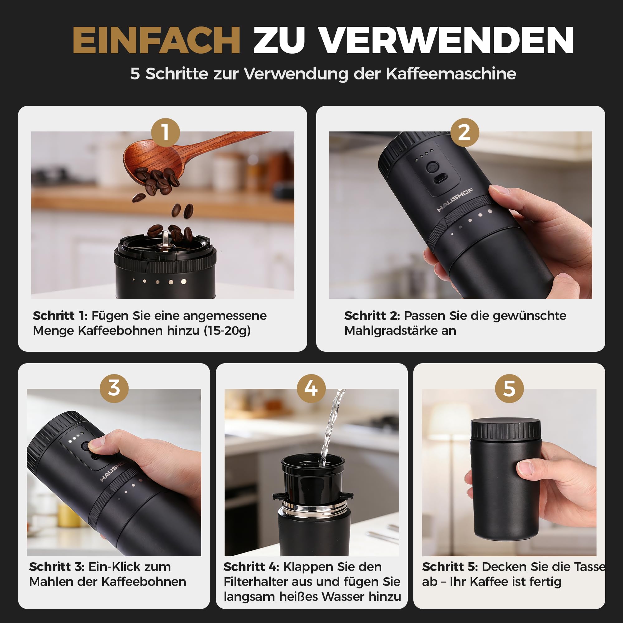 HAUSHOF Elektrische Kaffeemühle, Tragbares Kegelmahlwerk Kabellos Schwarz mit Integrierter Infusion, Manuelles Kit Edelstahlfilter Thermobecher