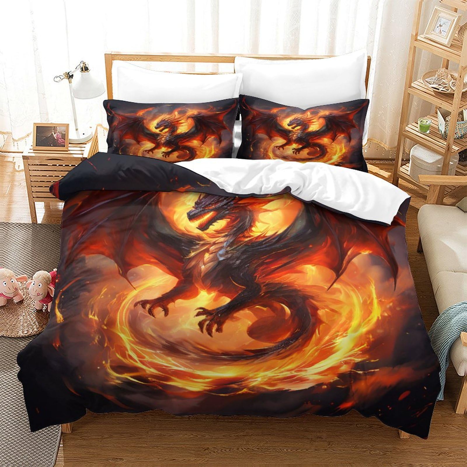 Parure de lit dragon volant king size pour chambre ado et adulte