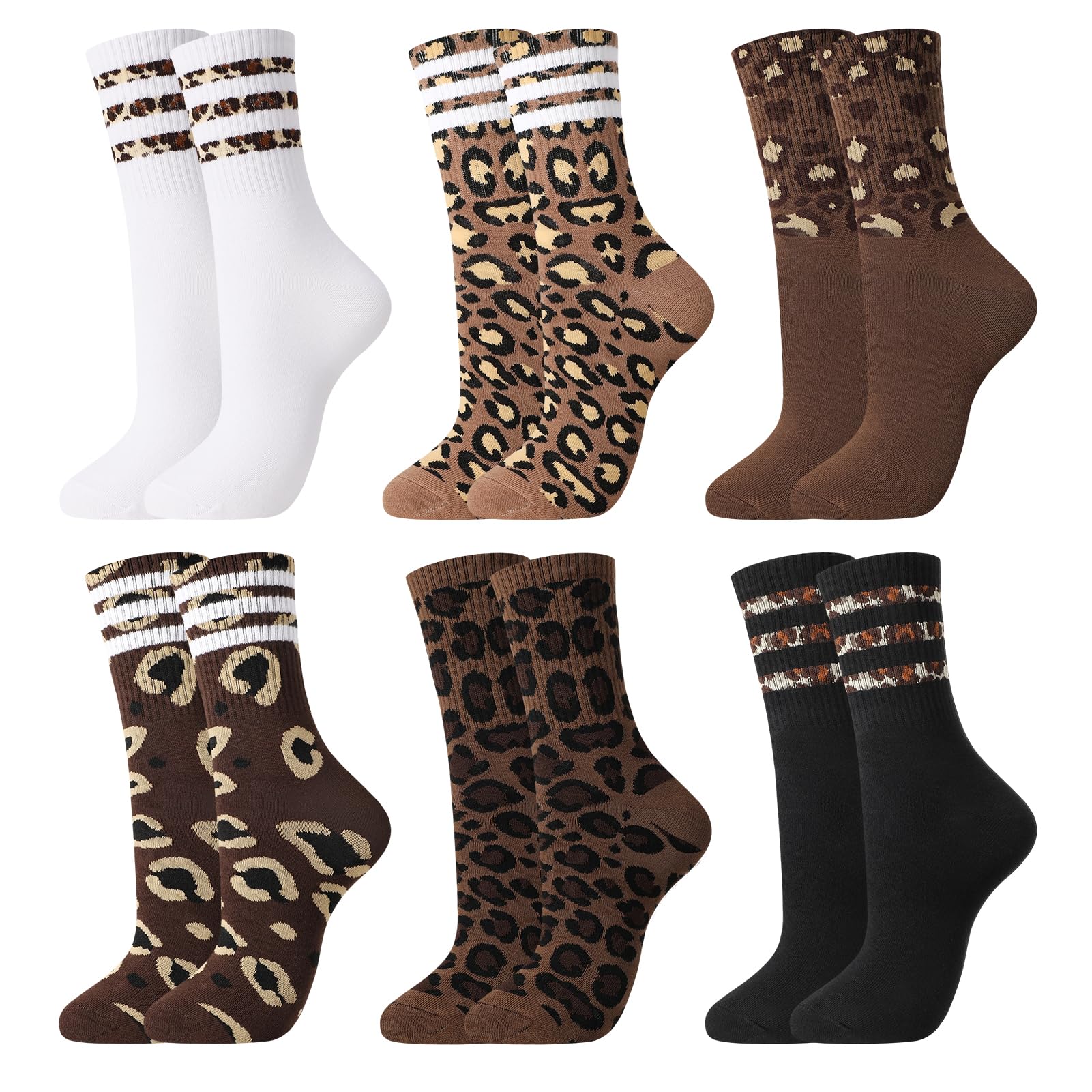 Utensilsto 6 Paare Tennissocken Damen 39-42 Sportsocken Socken mit Leopardenmuster Leoprint Baumwollesocken Leo Socken Crew Socks für Tennis Sport Damen Frauen