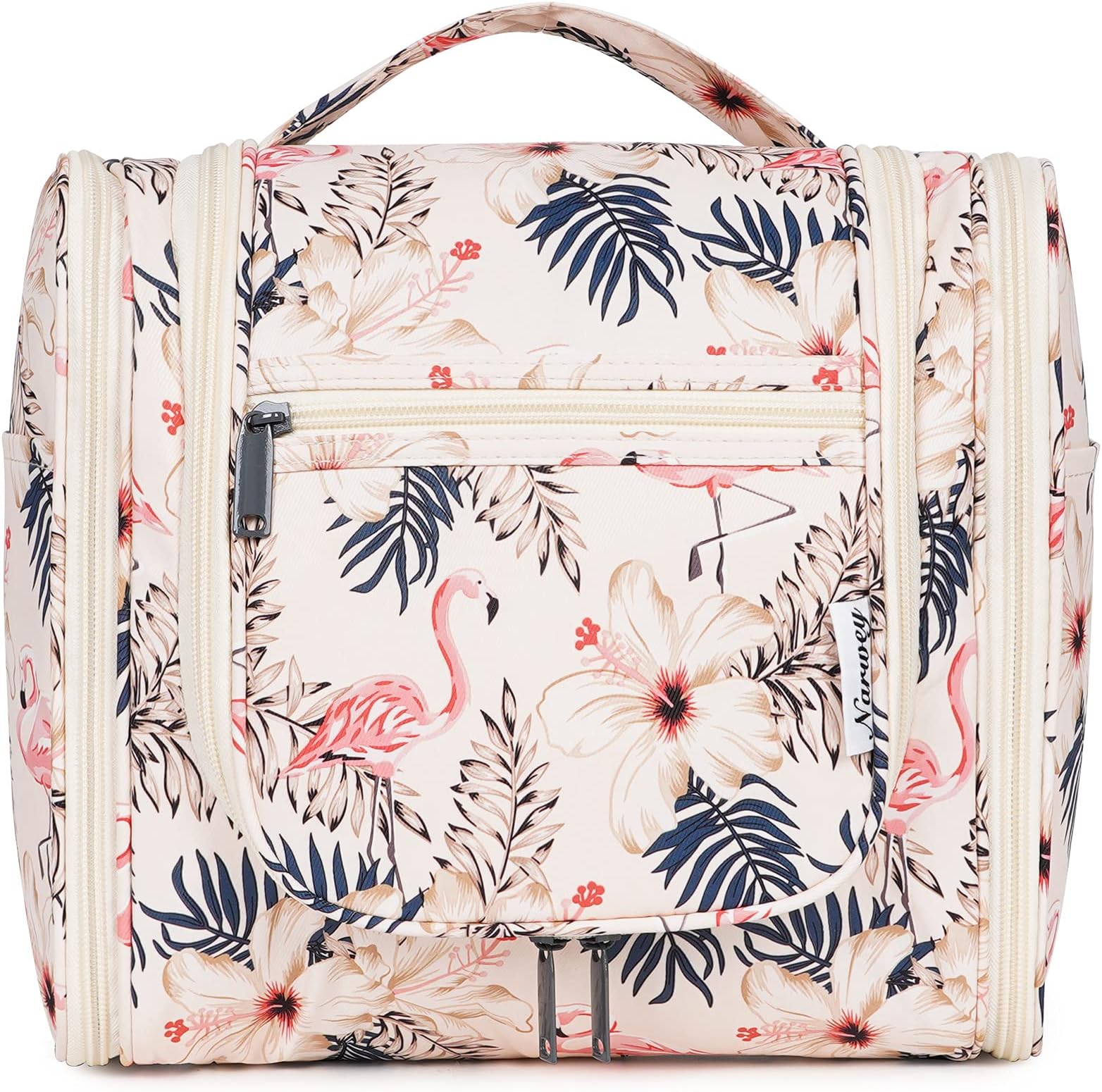 Travel Hanging Toiletry Wash Bag Makeup Cosmetic Organizer for Women (Beige Flamingo (Large))