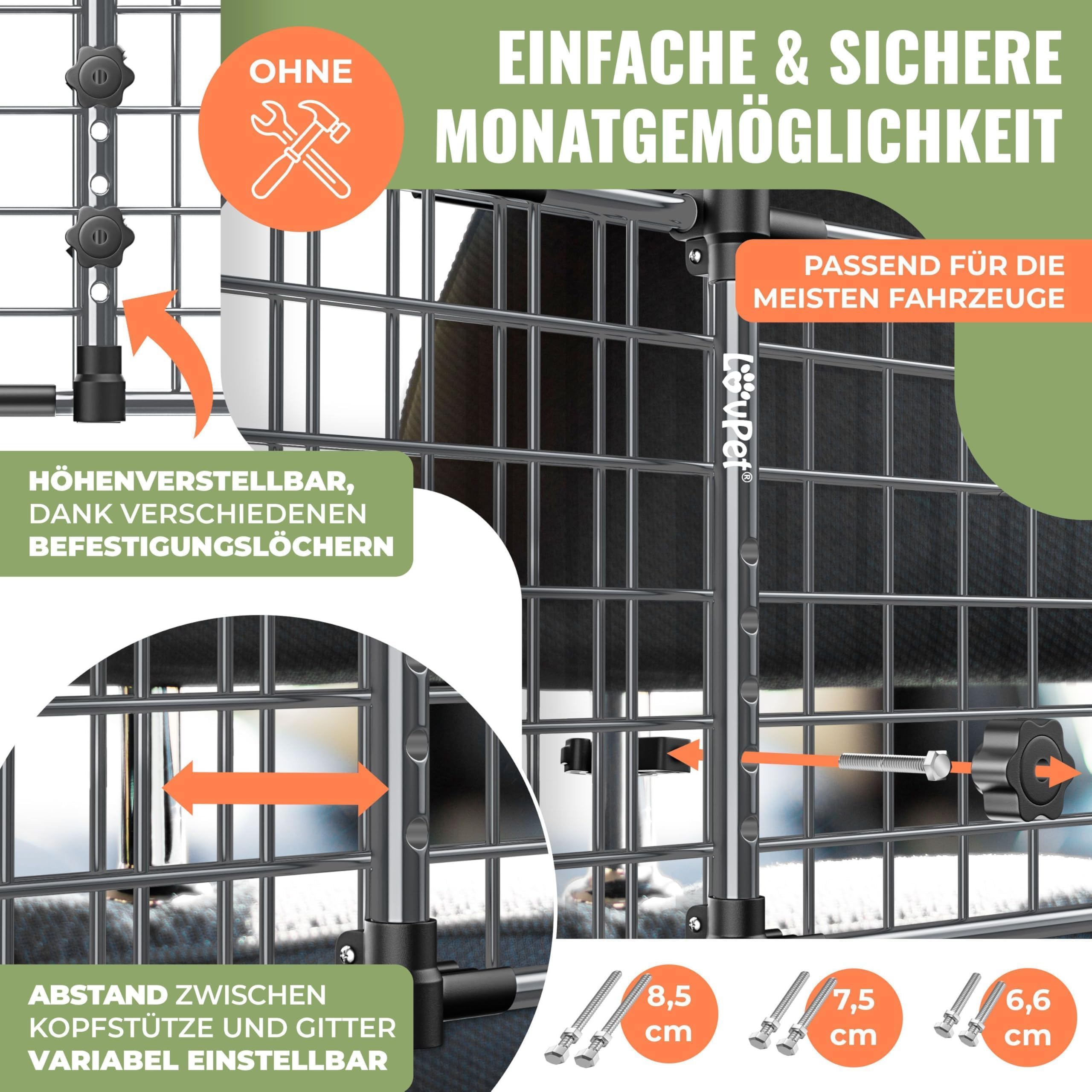 LOVPET® Rejilla de Seguridad para Coche, Rejilla de separación Universal, Ancho Ajustable, reposacabezas para el Maletero del Coche, Incluye 2 Cinturones de Seguridad para Perros (Anthrazit)