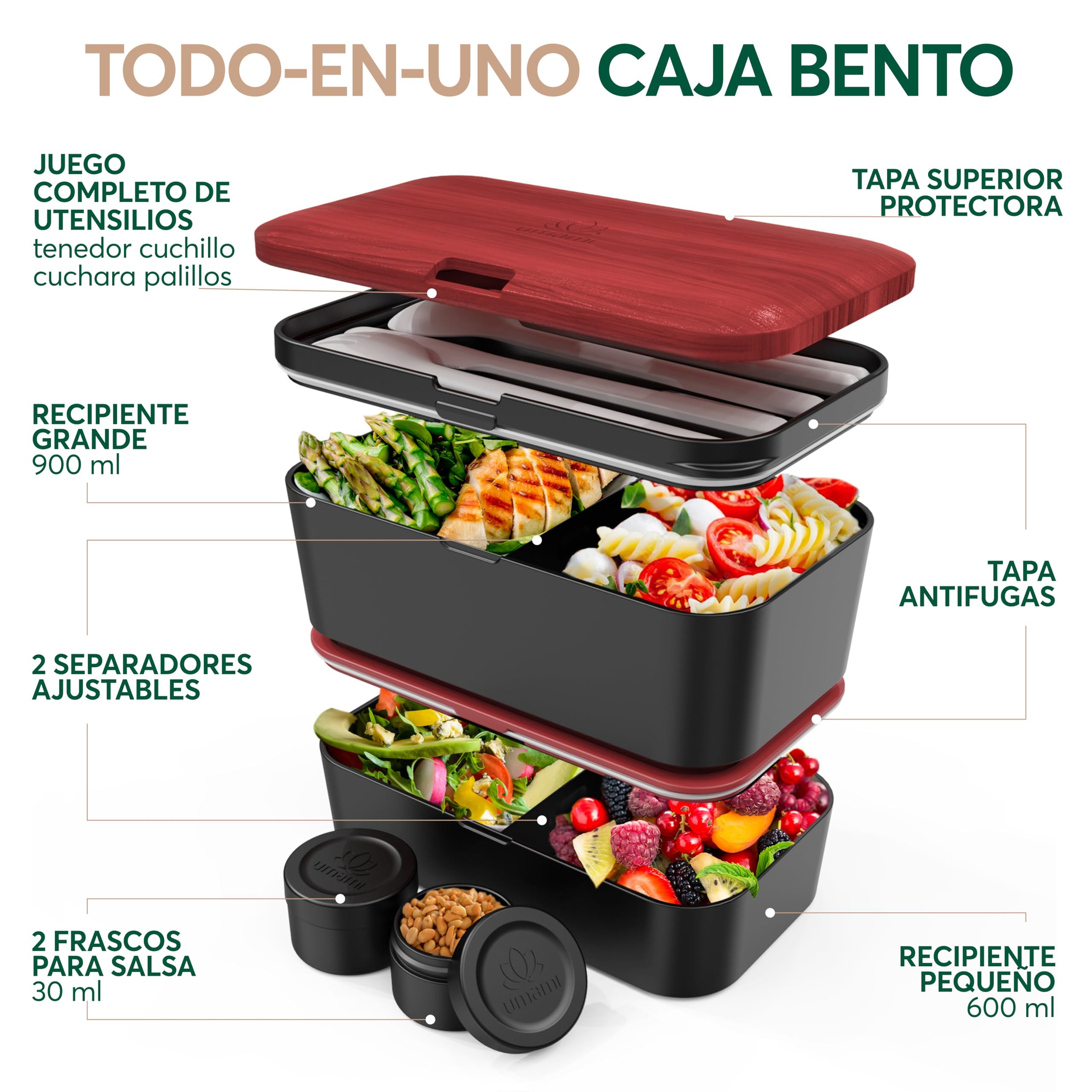 Umami Lonchera Bento, todo en uno, caja bento para adultos, recipientes de preparación de comidas para hombres y mujeres