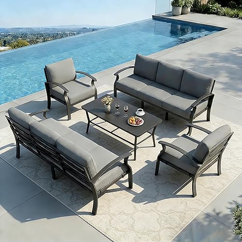 Aluminum Outdoor Patio Furniture Set,8 Seats Patio Conversation Sets with Rectangular Coffee Table,Metal Patio Sectional Furniture Set with 5.1" Thickened Cushions,Grey
