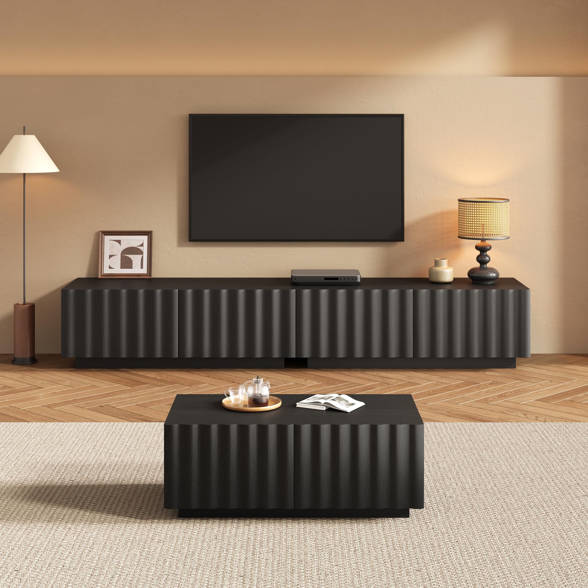 Juego de muebles de salón con diseño de ondas, mueble de TV y mesa de café, almacenamiento moderno, estable, práctico, color negro