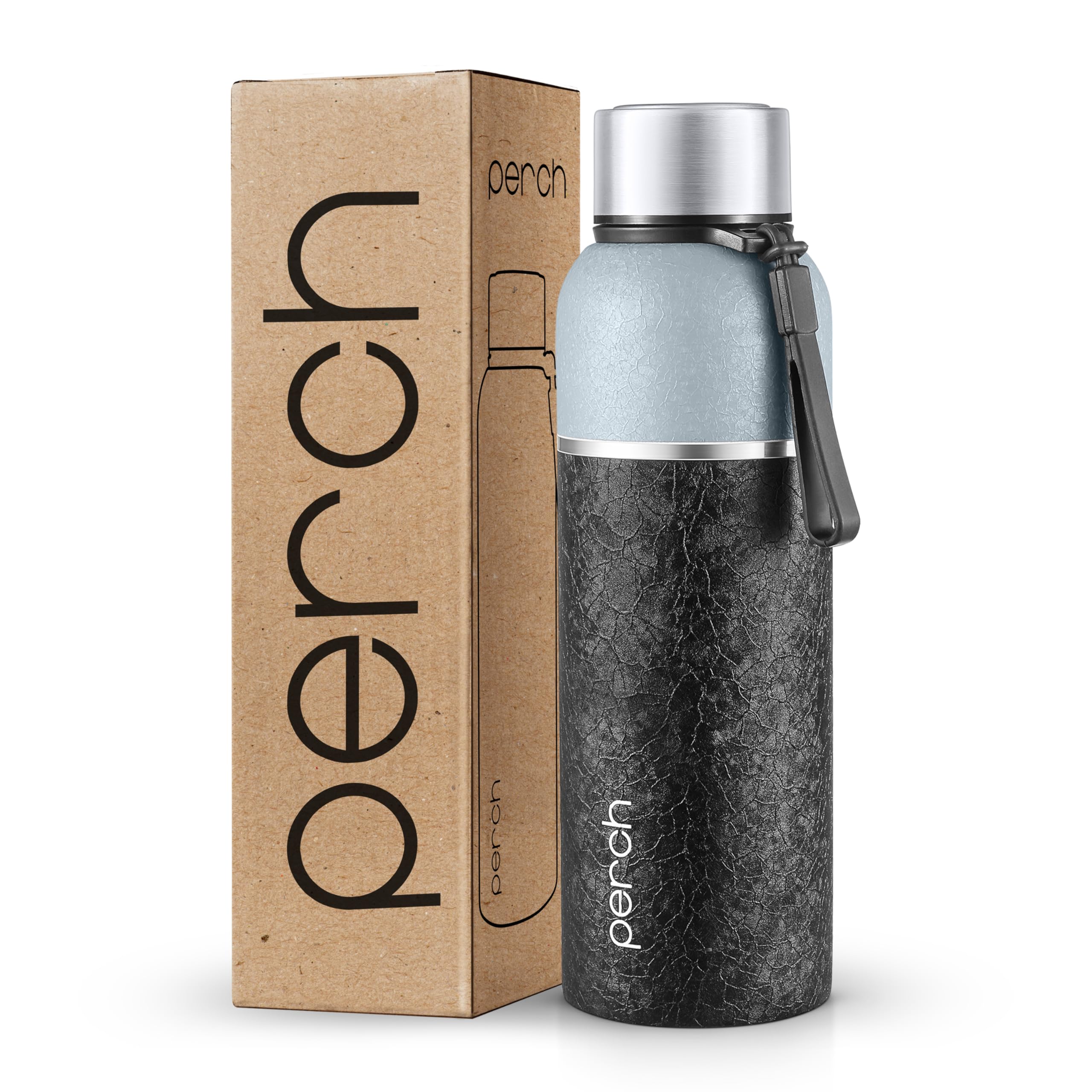 Perch Zenith ISI Certified Hot and Cold Steel Water Bottle 720ml, Vacuum Insulated Flask for Adults | BPA-Free, Leakproof | Easy to Carry Bottle for Office, School, Gym (Grey&Black)