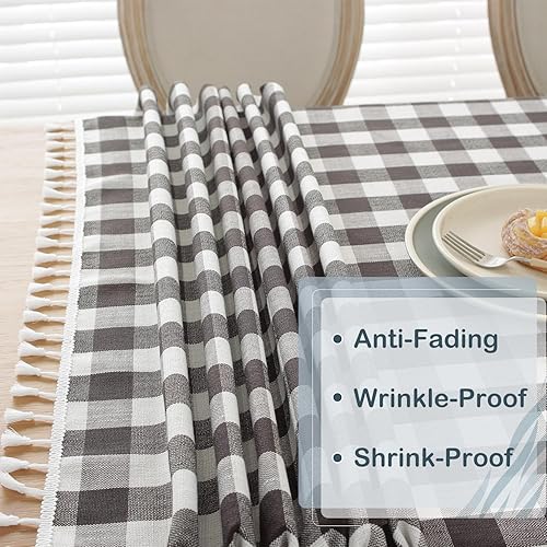 Miniatura 4 de Laolitou Mantel rectangular lavable resistente a cuadros con borlas, algodón y lino, para vacaciones, picnic, cocina, comedor, blanco y negro, 55