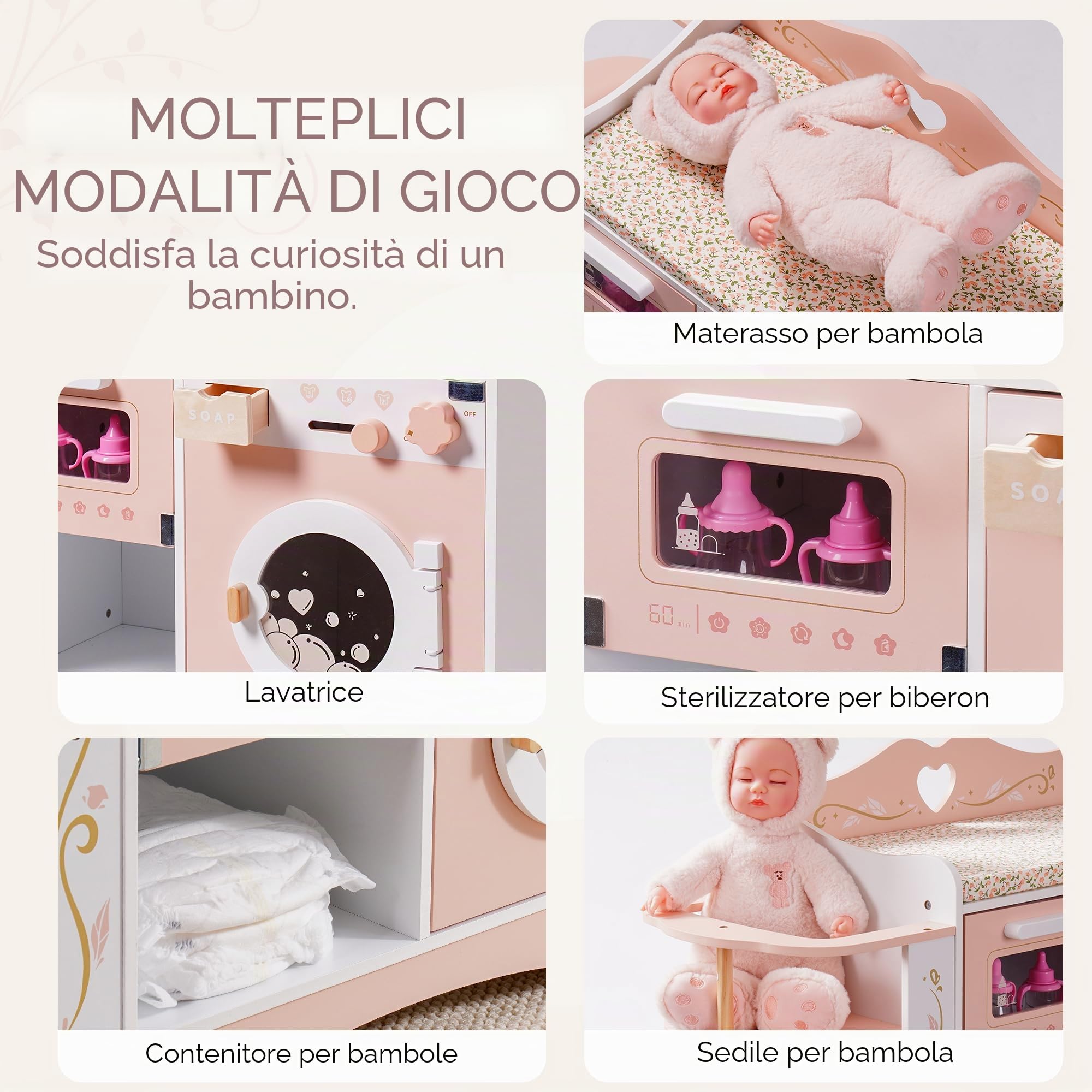 ROBUD Fasciatoio per bambole in legno, fasciatoio per bambole 4 in 1 con lavatrice e sterilizzatore per biberon, custodia, accessori per bambole sotto i 20", regalo per bambini rosa
