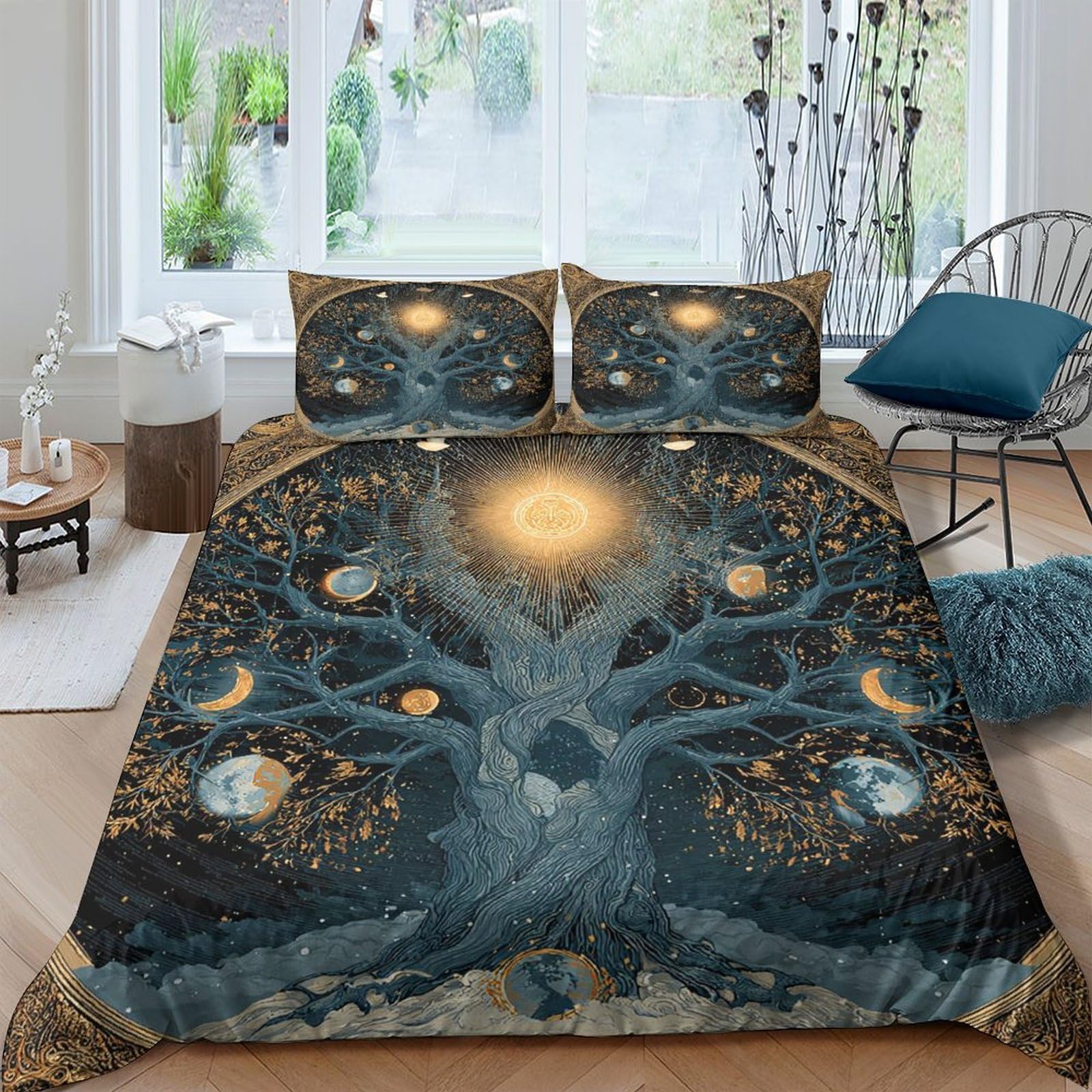 Ctjqhvkz Style-3 3D Printed Tree Of Life Fitted Sheet Microfiber Soft Dark Blue Moon Sun Mattress Cover Bedroom Decor For Home Guest Room Single（135X200cm）