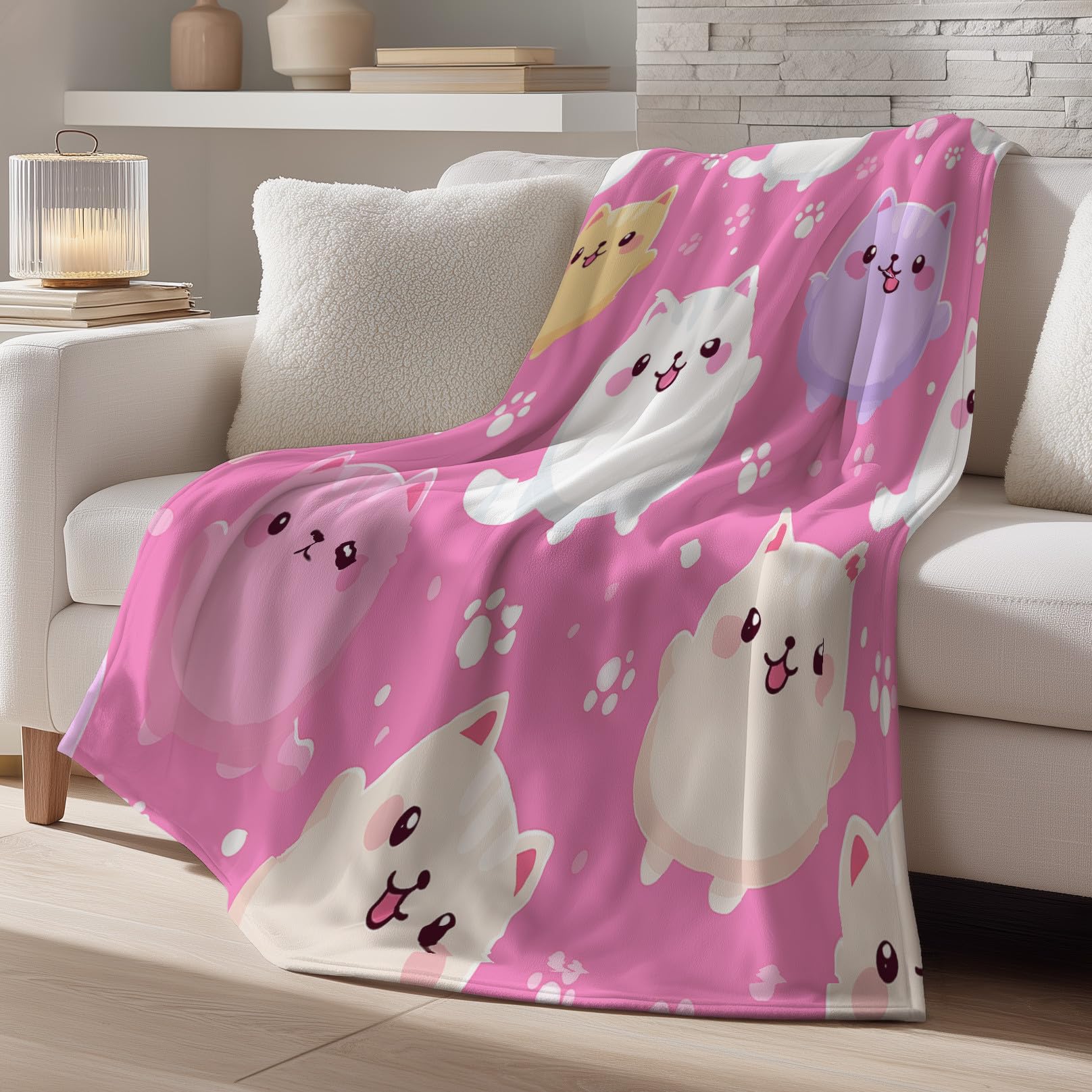 Genérico Oryginalne i zabawne prezenty - różowe brzoskwiniowe koce na walentynki Boże Narodzenie rocznica - Premium Microfiber krata koty śliczne łapy koc flanelowy 150 x 200 cm